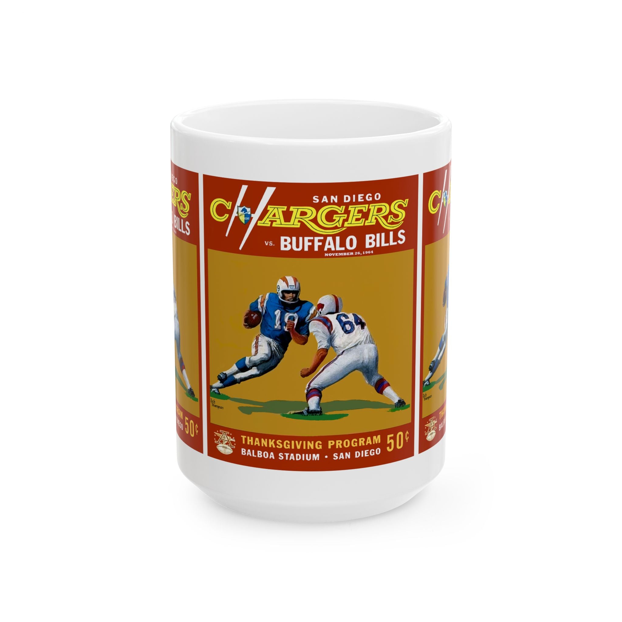 Football Ceramic Mug, 1964 San Diego Chargers Buffalo Bills Sports Fan 11oz White Coffee Cup, Gift for Football Enthusiast, Sports Lover,