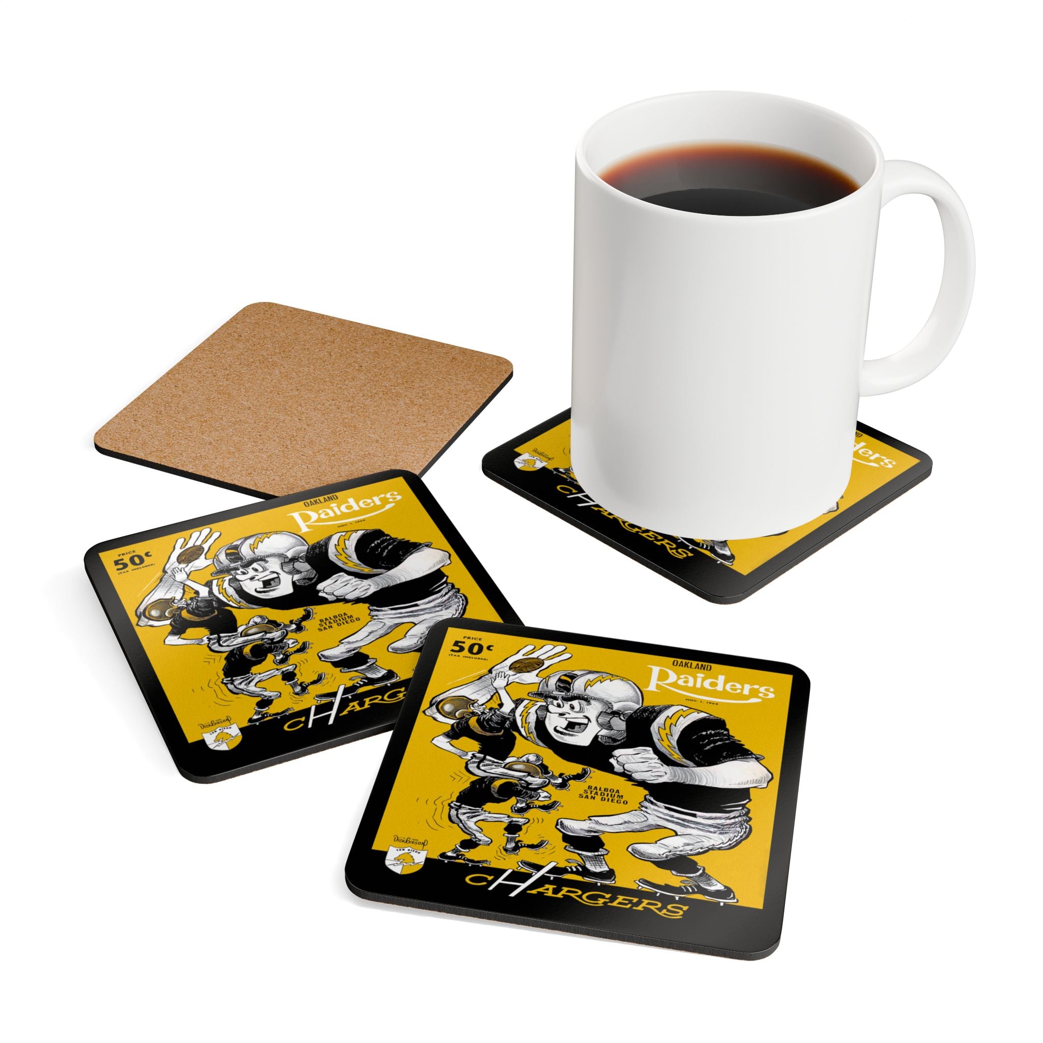 1964 Vintage San Diego Charges - Oakland Raiders Football Program Cover - Corkwood Coaster Set