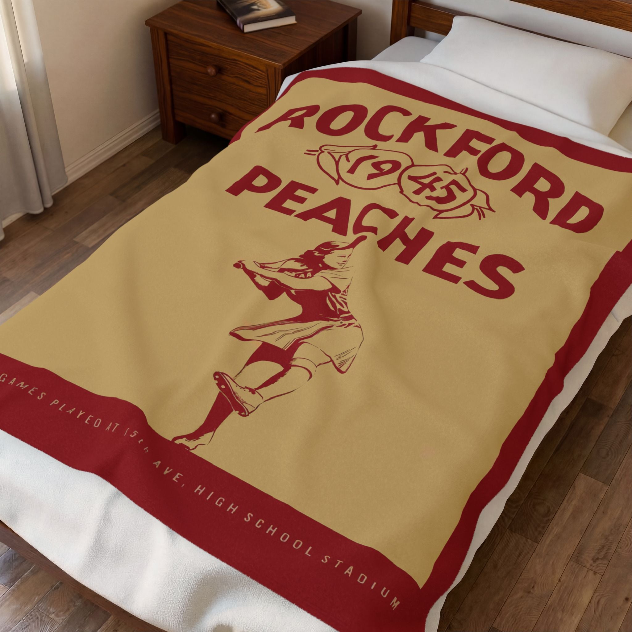 Velveteen Plush Blanket — 1945 Vintage Rockford Peaches Baseball Yearbook Cover