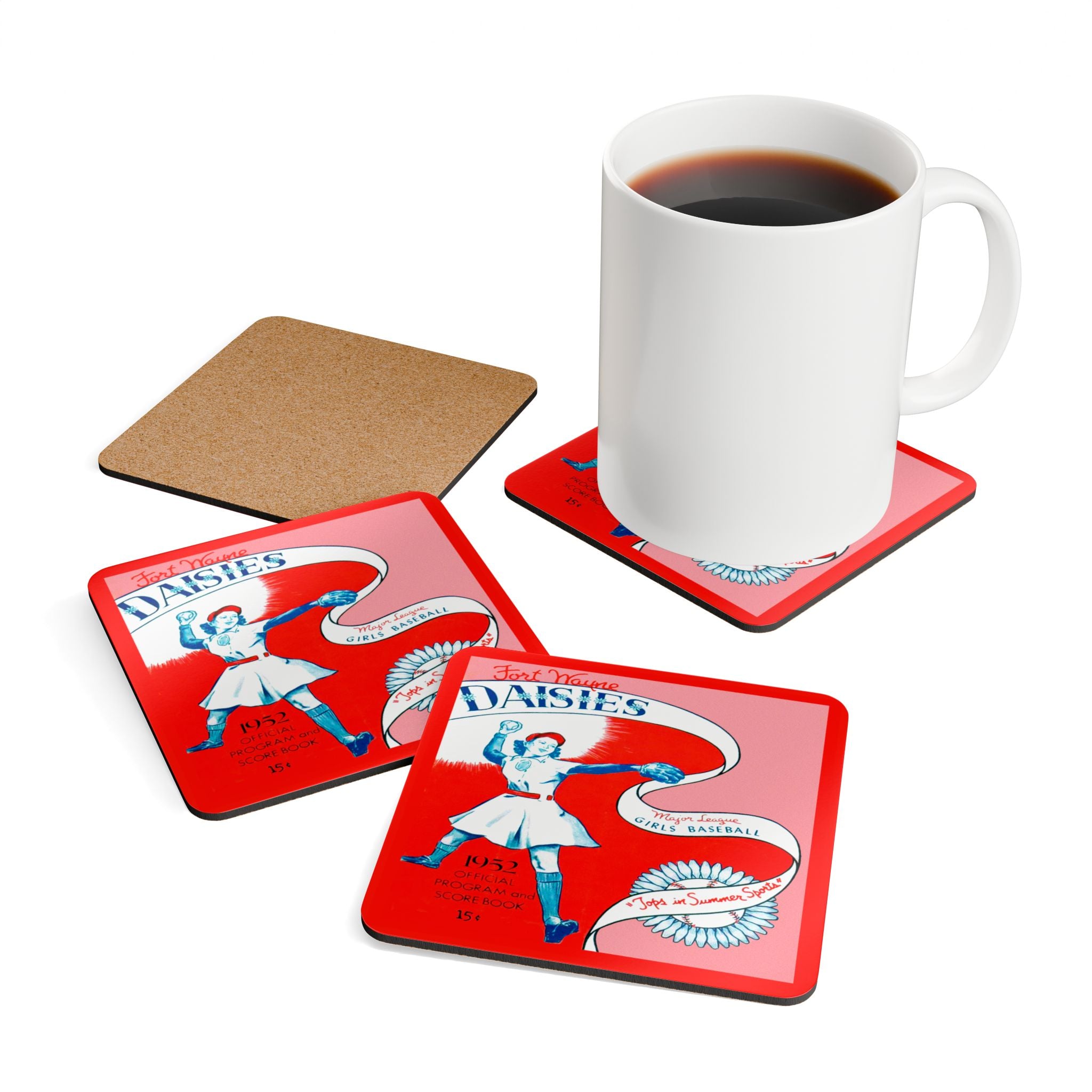 1952 Vintage Fort Wayne Daises Baseball Program Cover - Corkwood Coaster Set