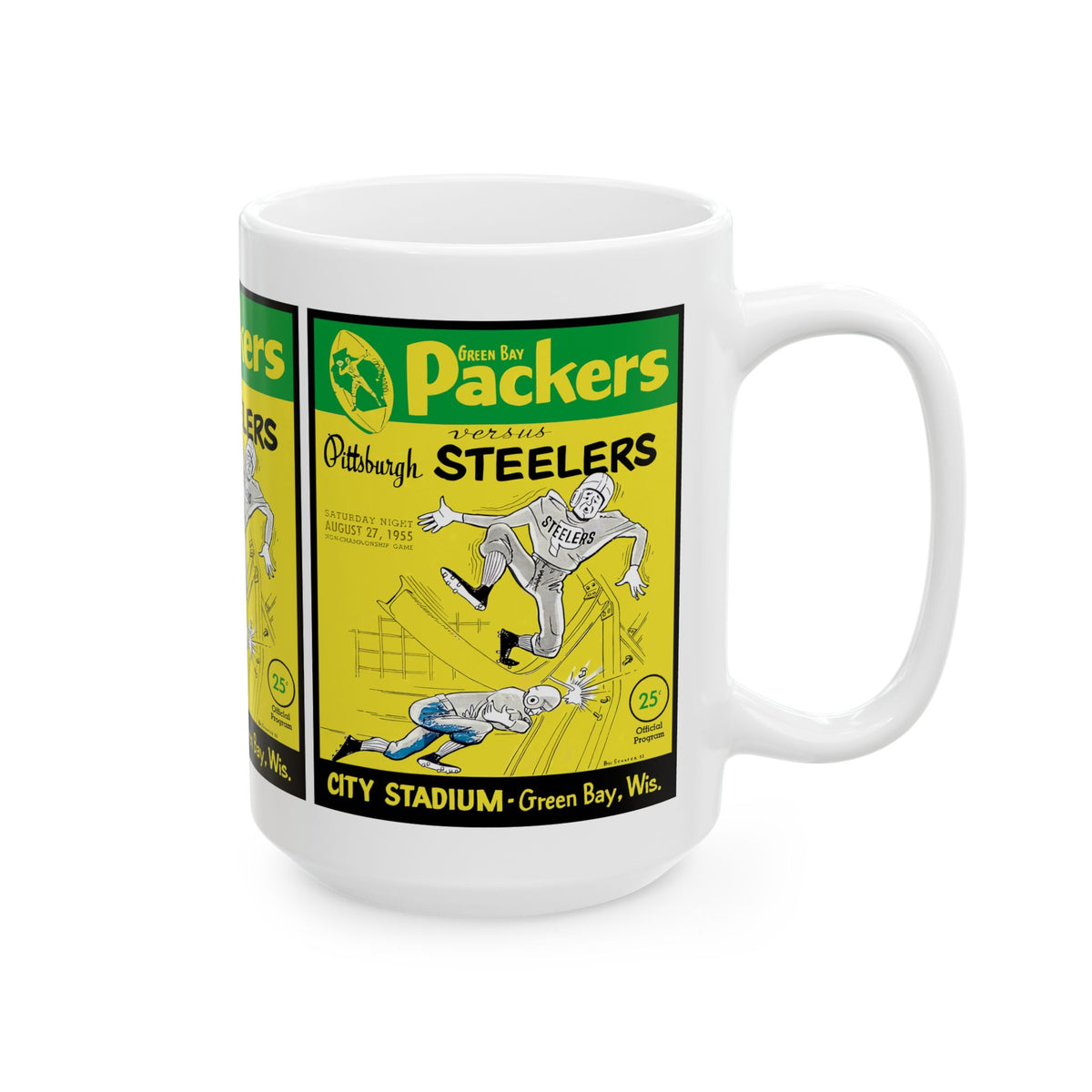 Vintage 1955 Football Ceramic Mug, Green Bay Packers - Pittsburgh Steelers Fan Drinkware, 1955 Sports Memorabilia Gift Cup, 11oz 15oz,