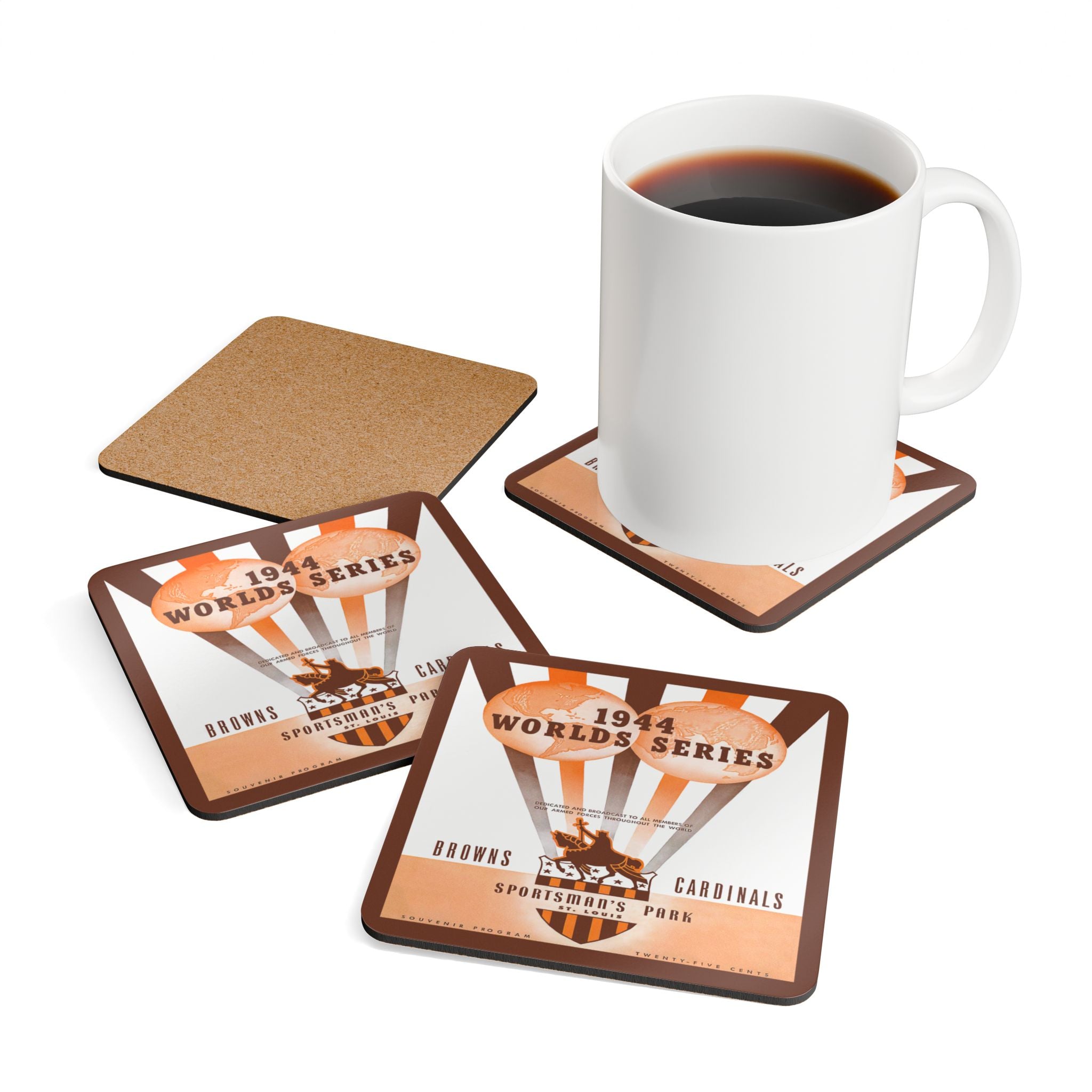 1944 Vintage St. Louis Cardinals - St. Louis Browns World Series Baseball Program Cover - Corkwood Coaster Set