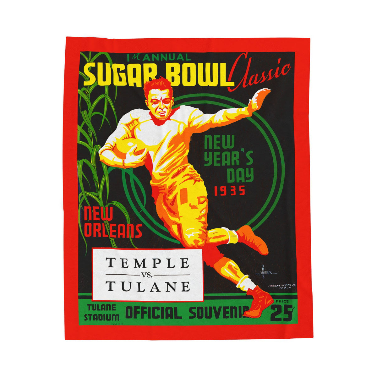 1935 Sugar Bowl Classic Football Program Cover - Temple-Tulane Velveteen Plush Blanket