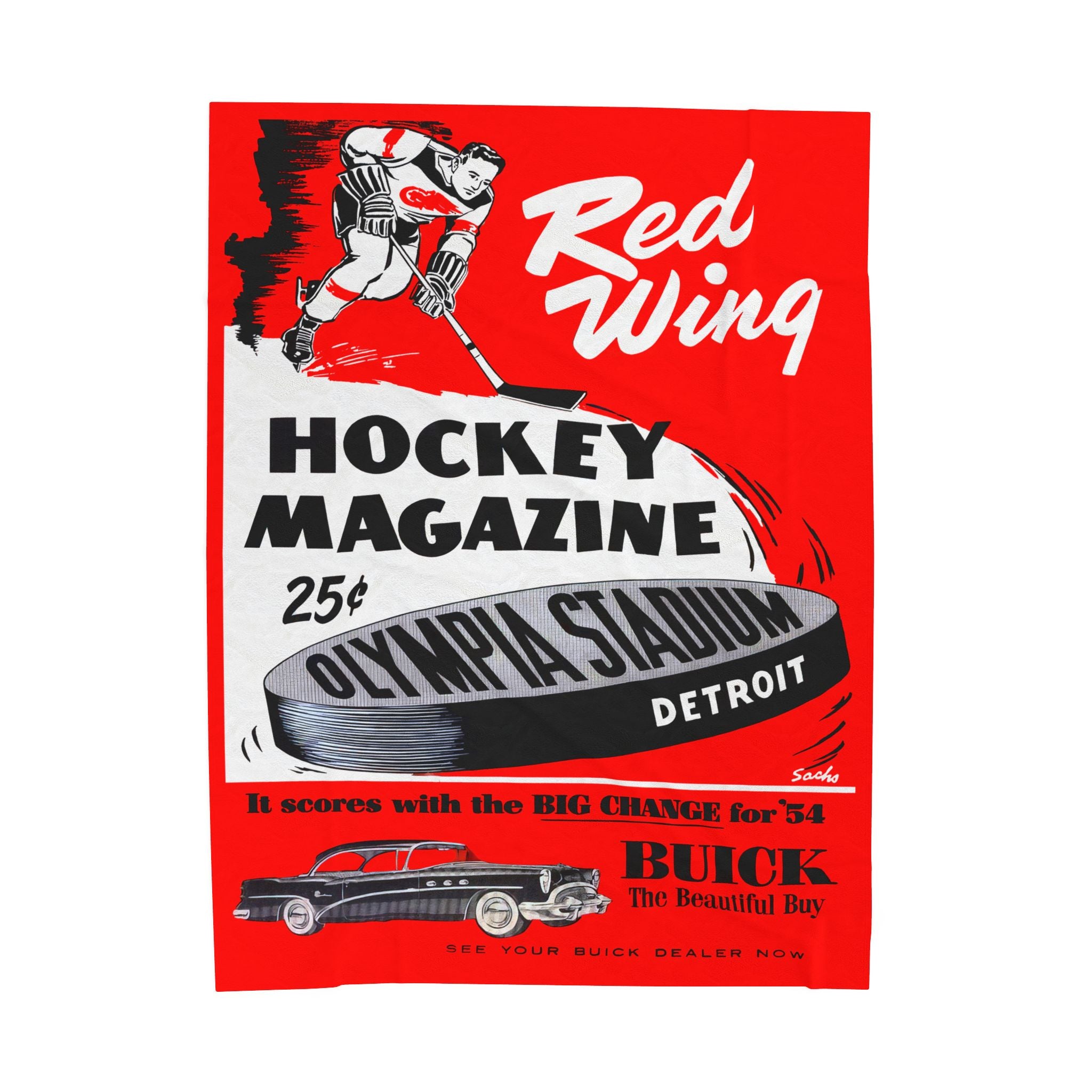 Velveteen Plush Blanket, Detroit Red Wings 1954 Hockey Program Cover, Throw Blanket, Home Decor, Gift for Sports Fan, Hockey Memorabilia,