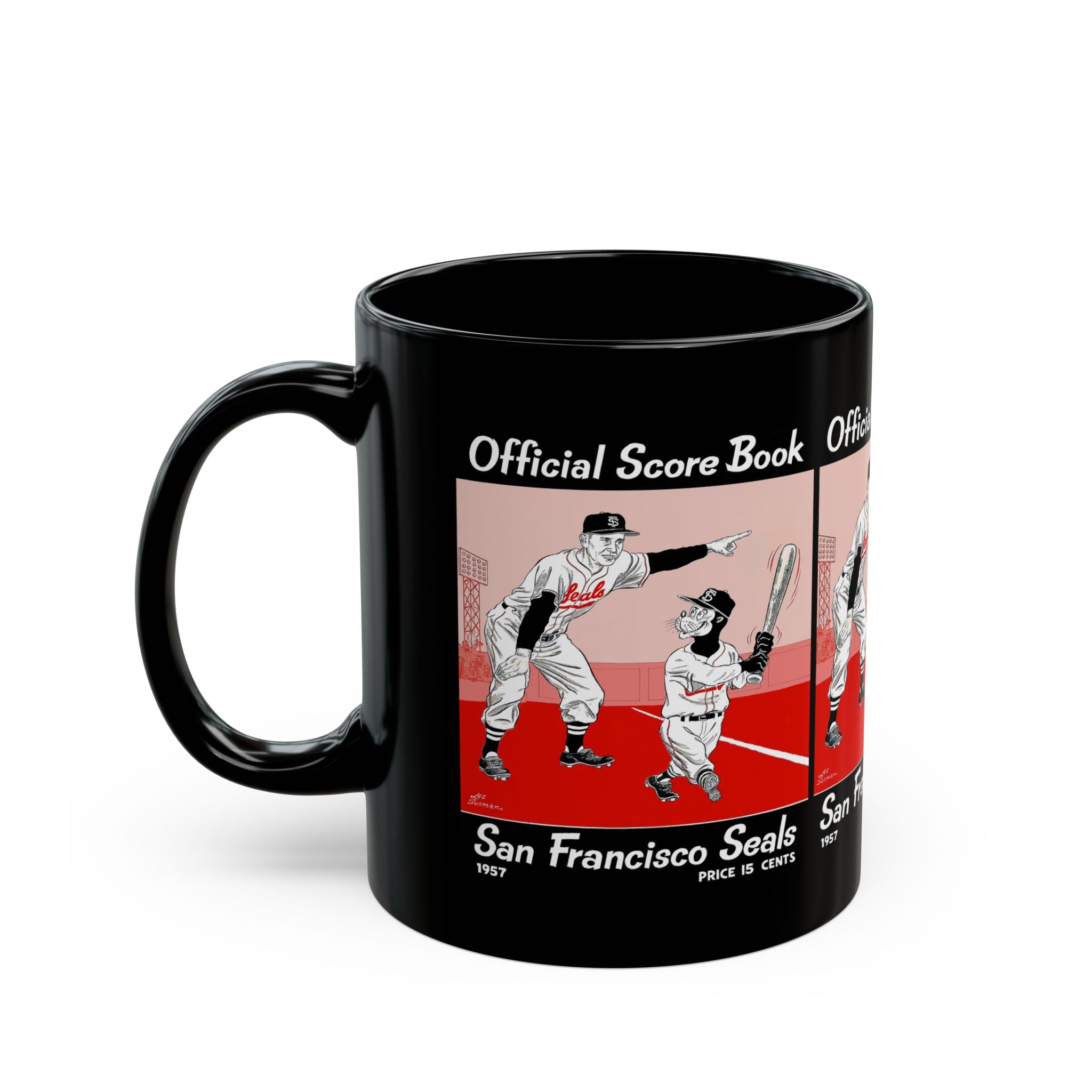 1957 Vintage San Francisco Seals Baseball Scorebook Cover- Black Mug 11 oz