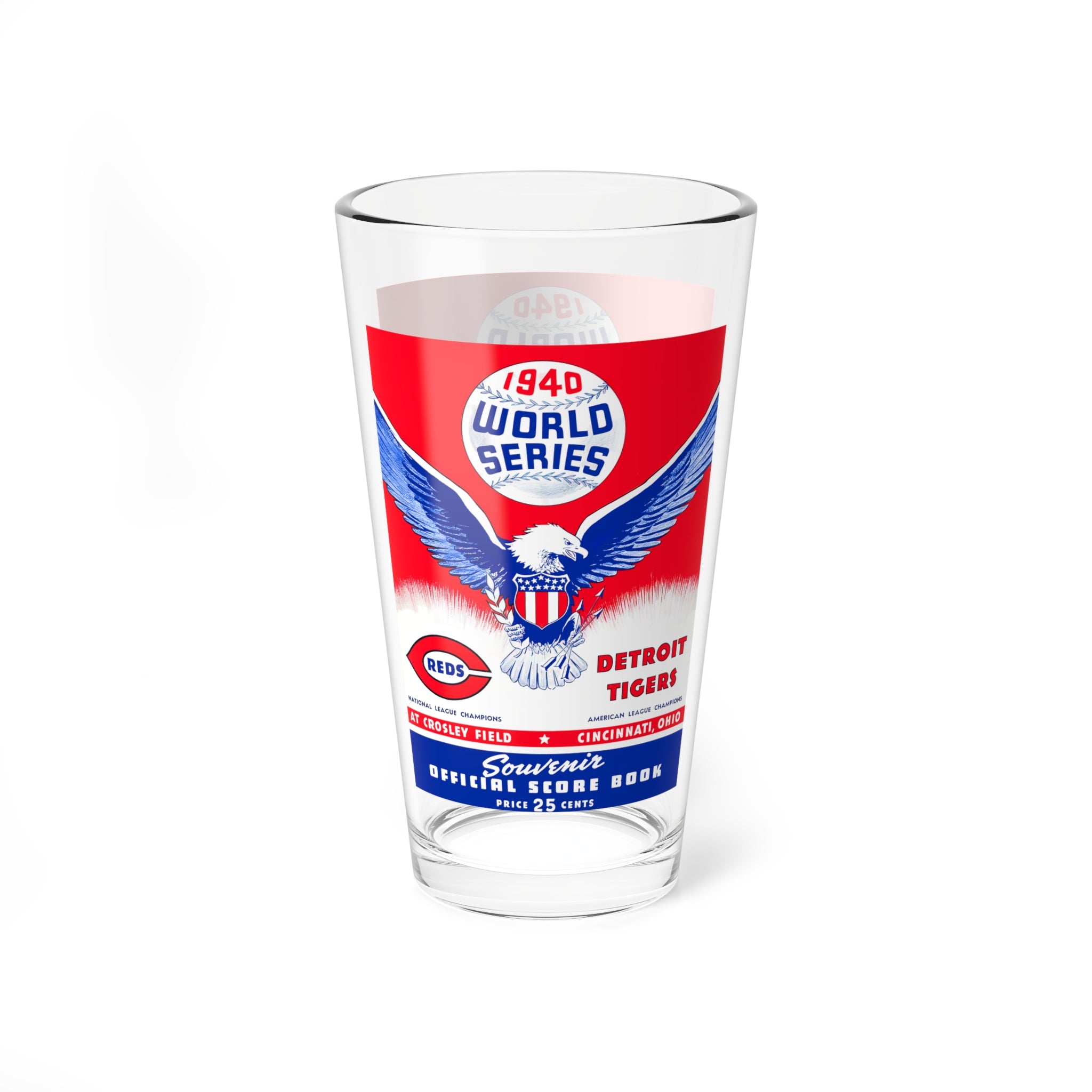 Mixing Glass, 16oz - Vintage 1940 Baseball World Series Cincinnati Reds Detroit Tigers Crosby Field, Baseball Fan Gift, Sports Barware,