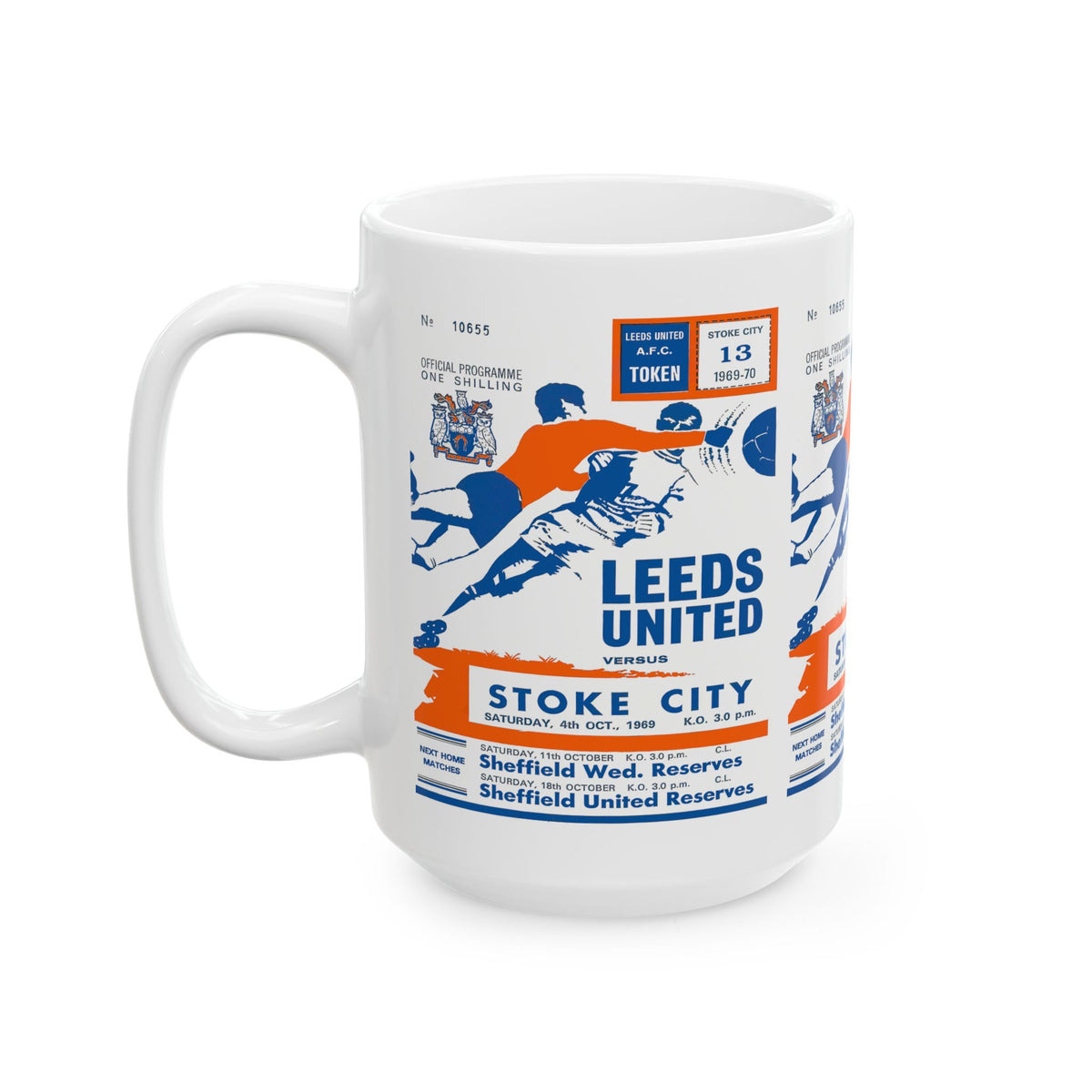 Vintage English Football Ceramic Mug, 11oz, 15oz - 1969 Stoke City vs Leeds United, Soccer Fan Gift, Sports Memorabilia, Retro Football Mug,