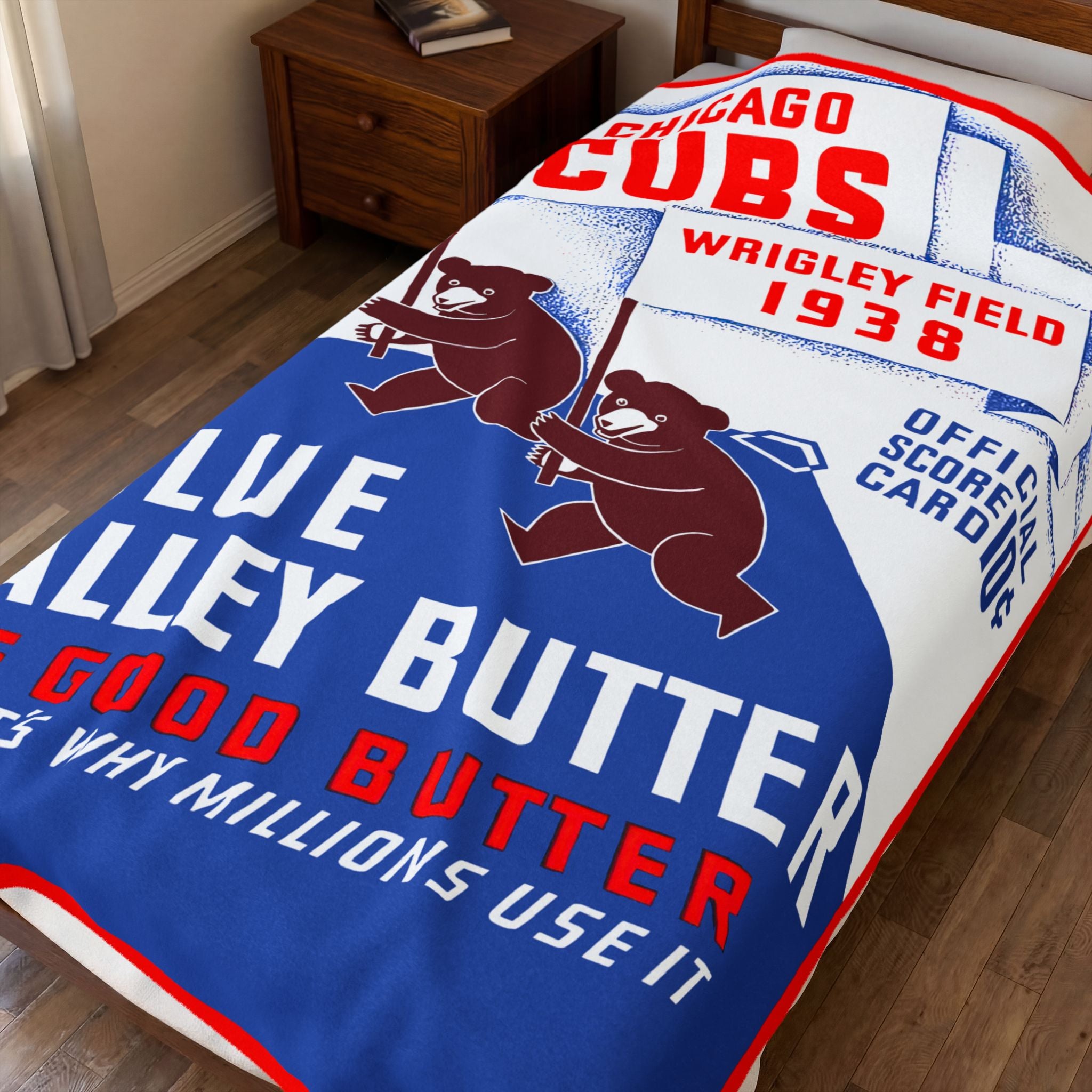 Chicago Cubs Retro Wrigley Field 1938 Velveteen Plush Blanket — 'Blue Valley Butter' Vintage Baseball Throw