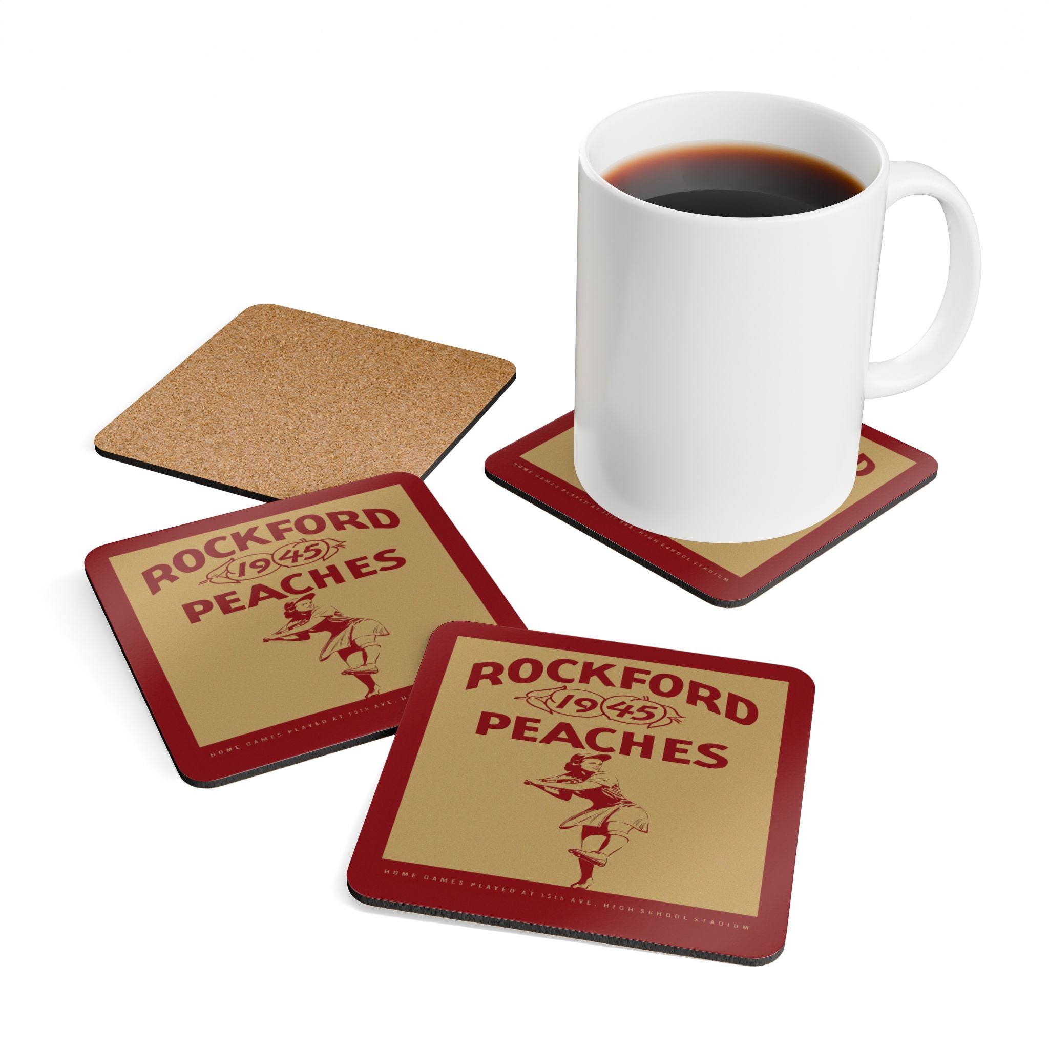 1945 Vintage Rockford Peaches Baseball Yearbook Cover- Corkwood Coaster Set