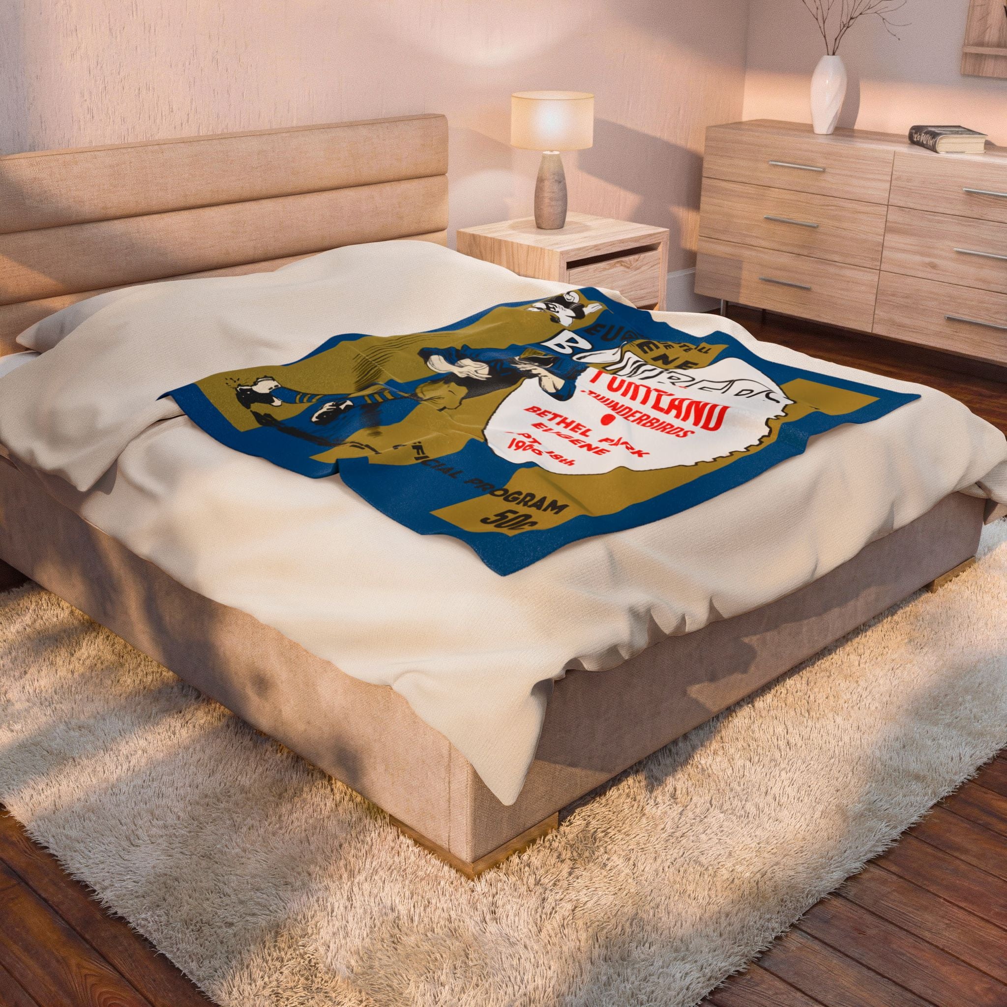 Velveteen Plush Blanket, 1966 Vintage Portland Thunderbirds - Eugene Bombers Football Program Cover, Throw Blanket, Home Decor, Gift Idea,