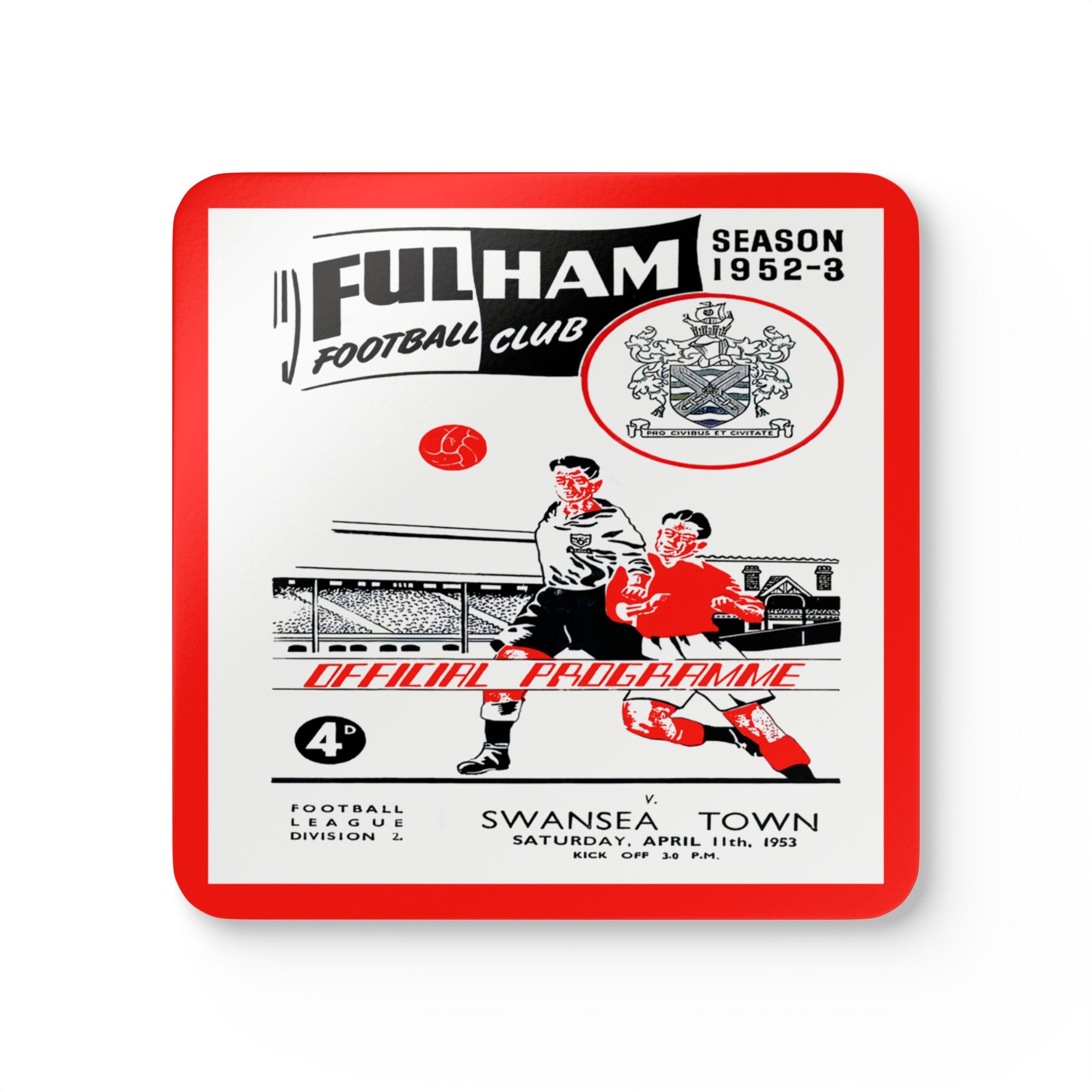 1953 Vintage Fulham Football Club - Swansea Town English Football Program Cover - Corkwood Coaster Set