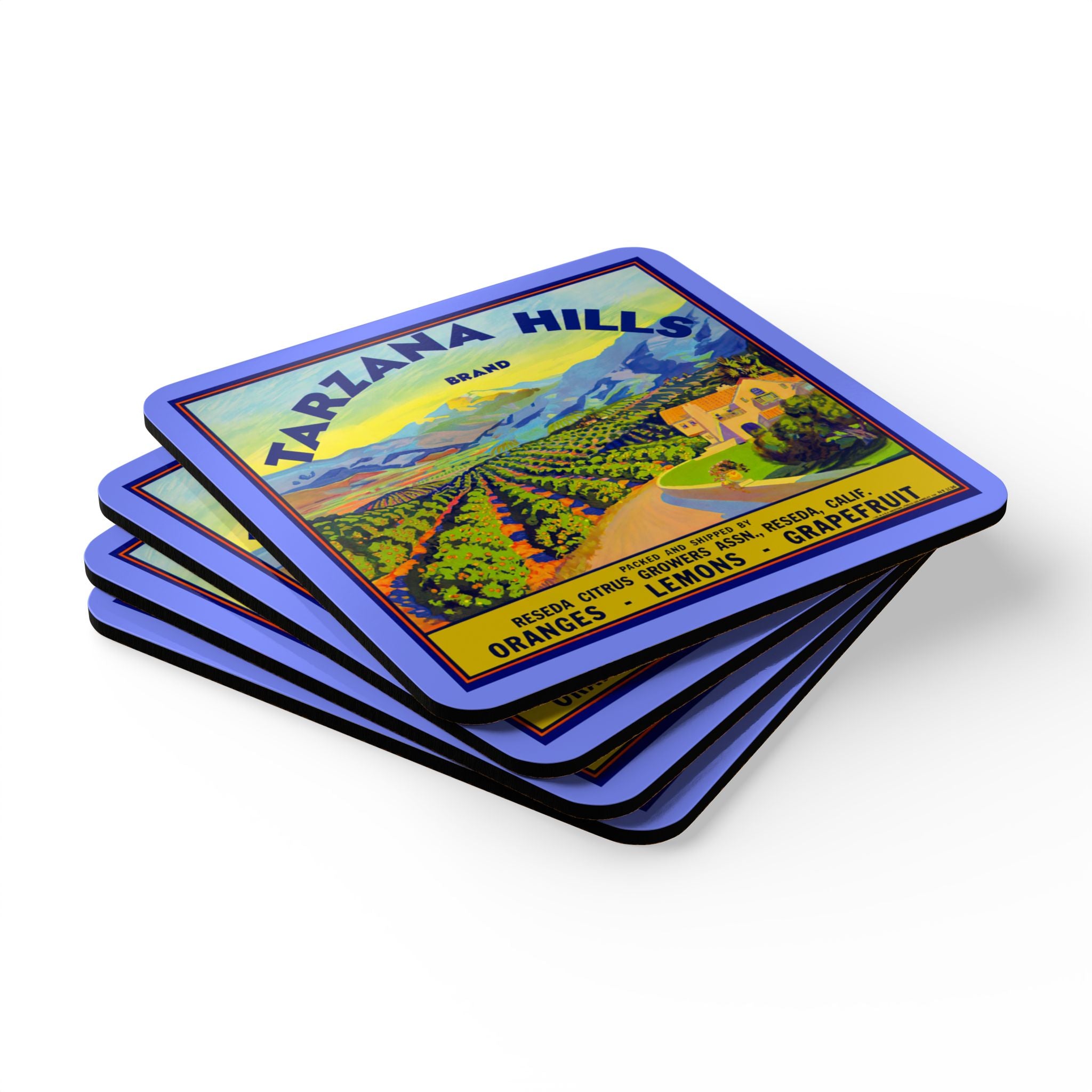 Vintage Produce Label - Tarzana Hills - Corkwood Coaster Set