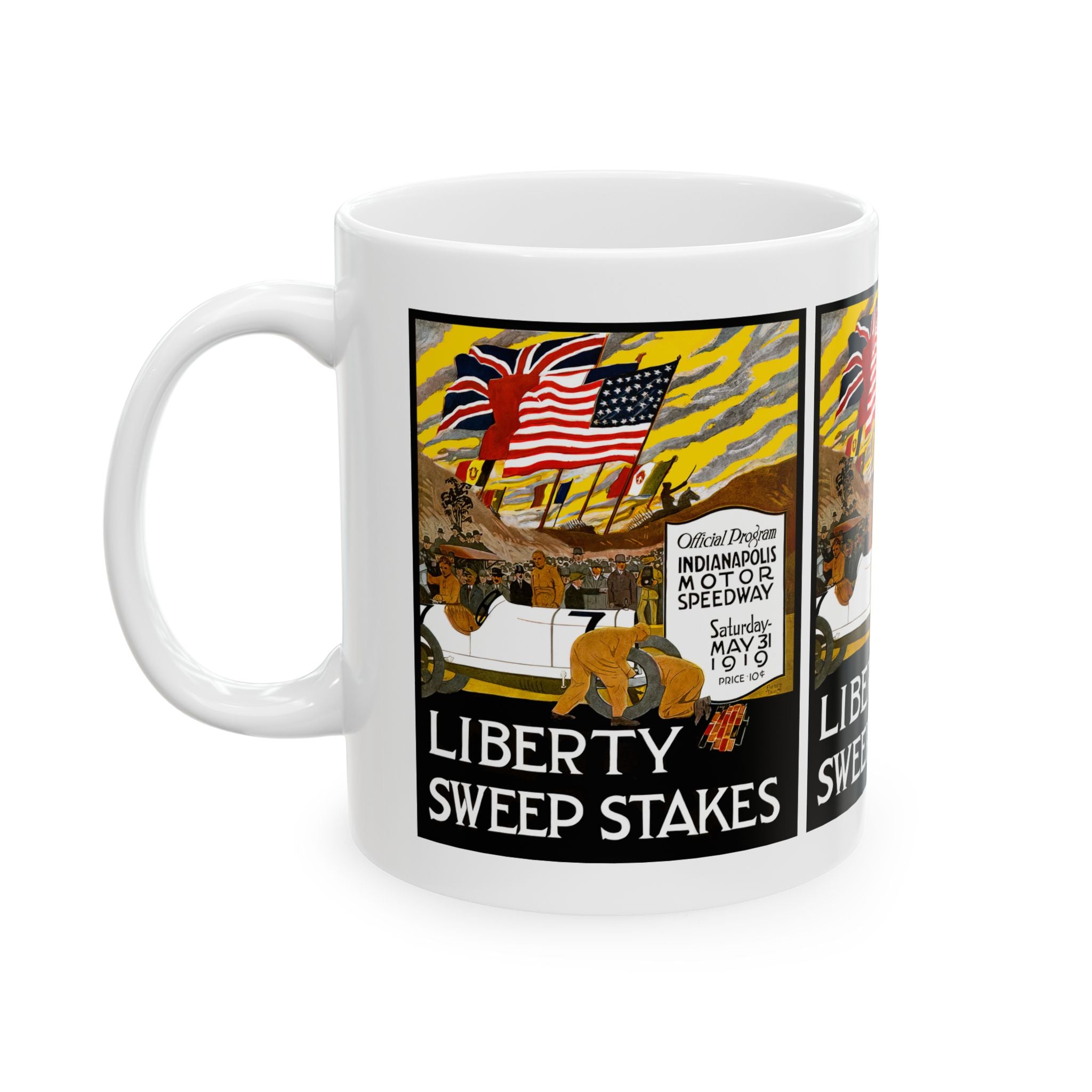 Indy 500 Racing Ceramic Mug, Vintage Race Car Coffee Cup, Auto Racing Gift, Speedway Memorabilia, Checkered Flag Decor, Father's Day Present