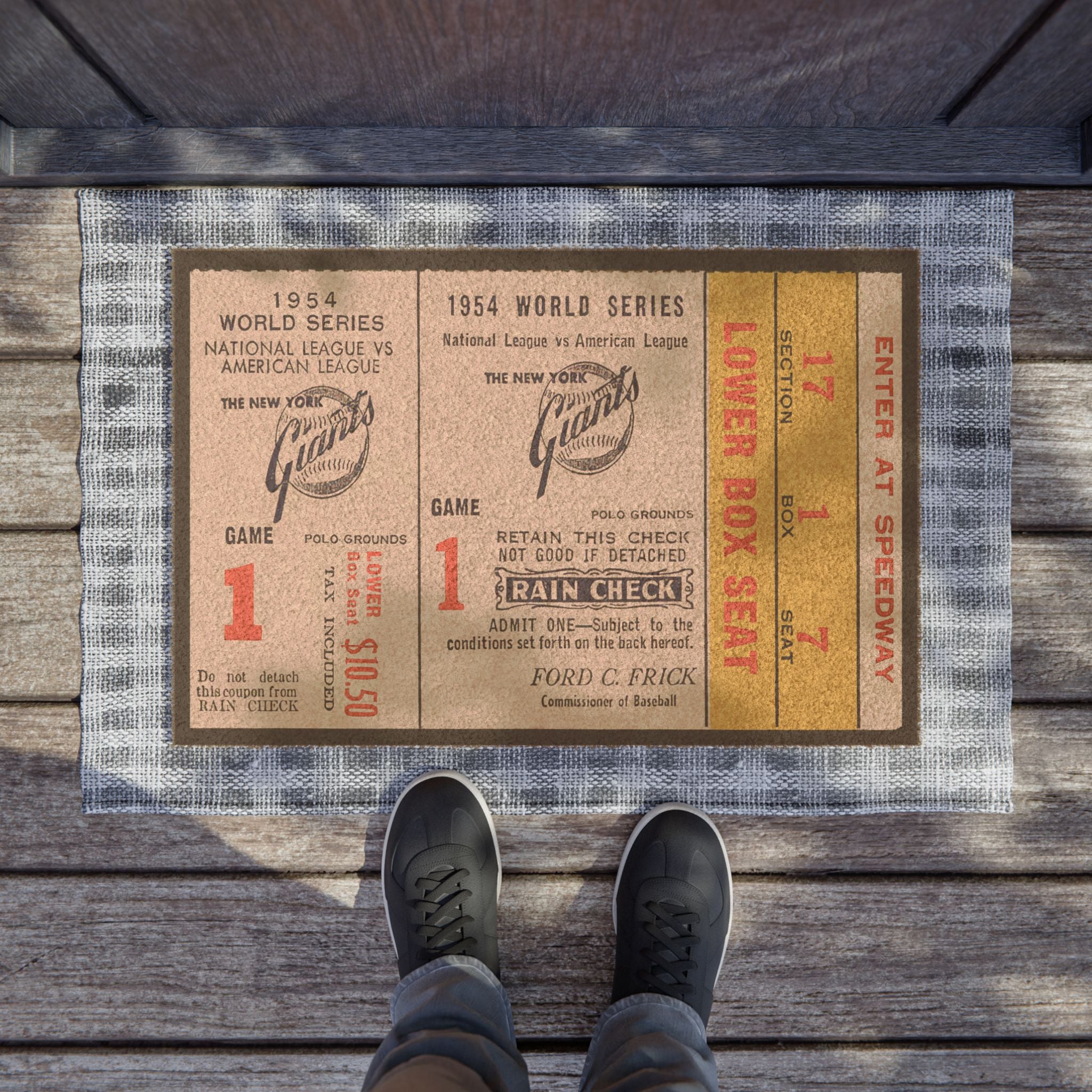Doormat, Vintage Baseball 1954 Baseball World Series Ticket Rug, Sports Fan Gift, Baseball Home Decor, Entryway Mat, Willie Mays Catch