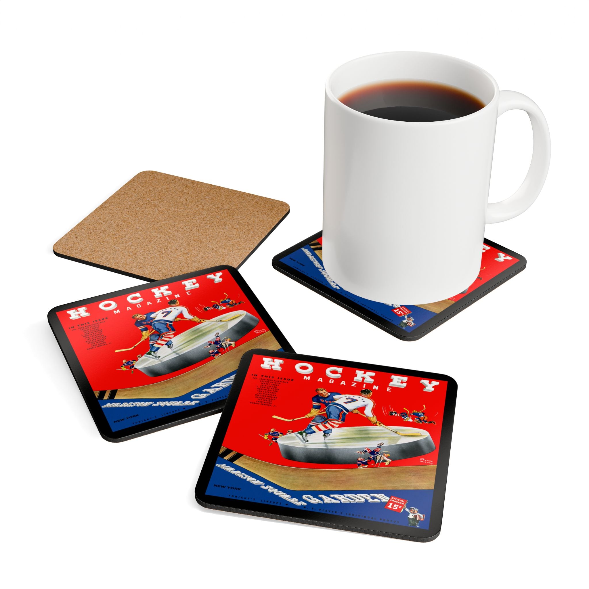 1938-1939 Vintage New York Americans Hockey Program Cover - Corkwood Coaster Set