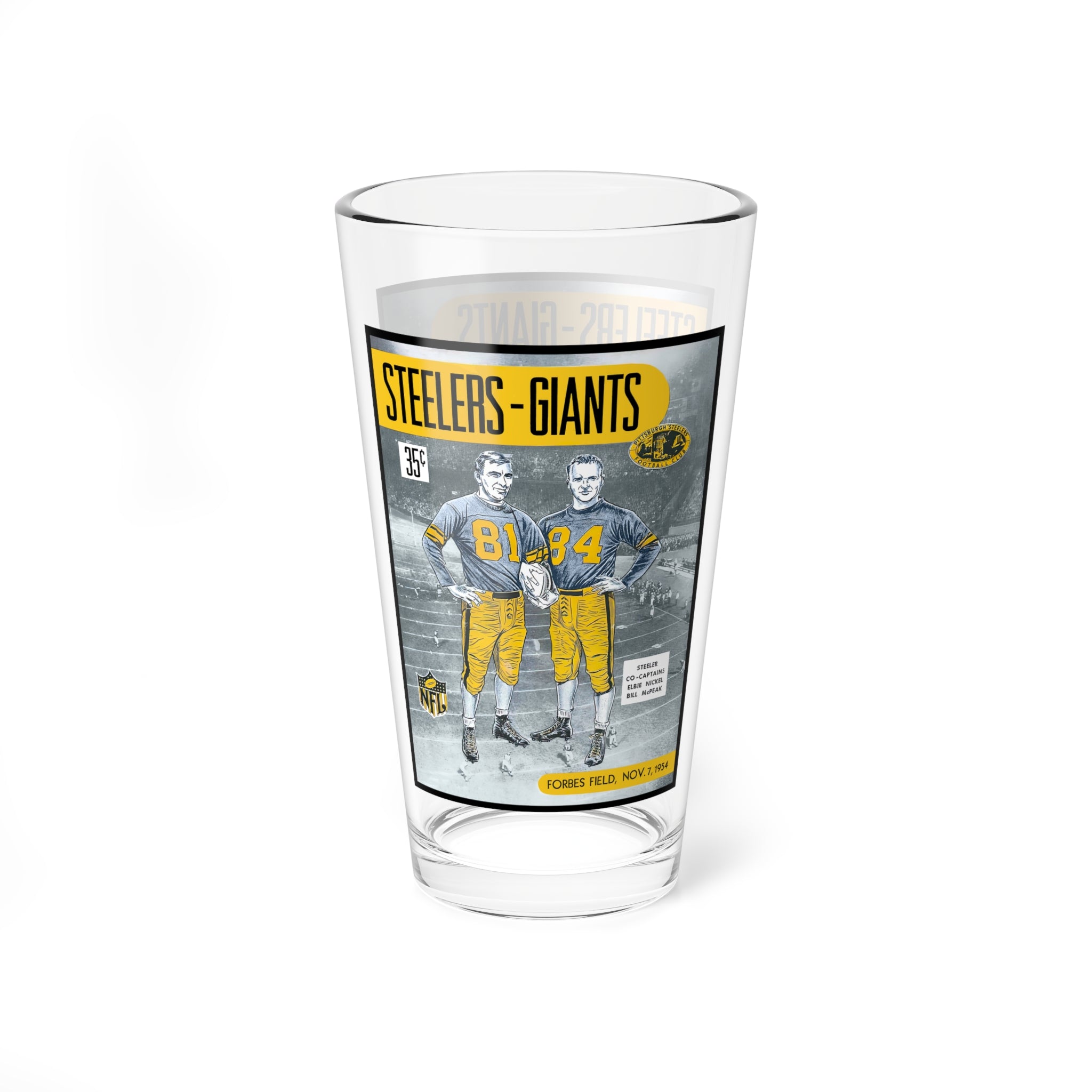 1954 Football Giants vs Steelers Mixing Glass, 16oz — Vintage Game Night Bar Glass