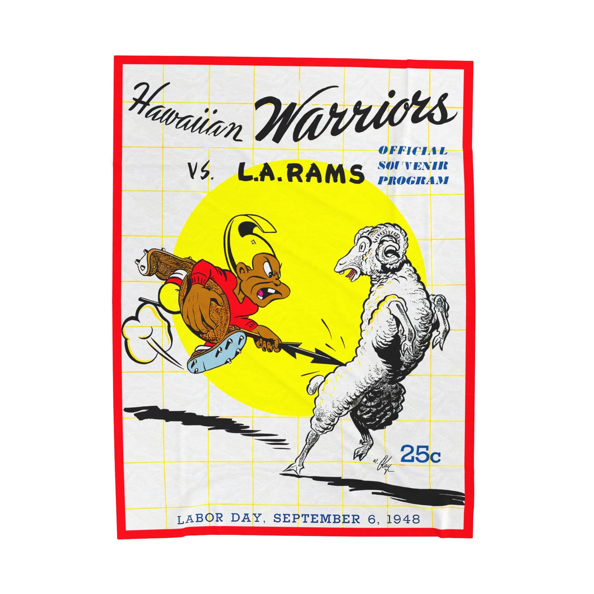 Velveteen Plush Blanket, 1948 Vintage Los Angeles Rams - Hawaiian Warriors Football Program Cover, Cozy Throw, Retro Sports Decor, Warm