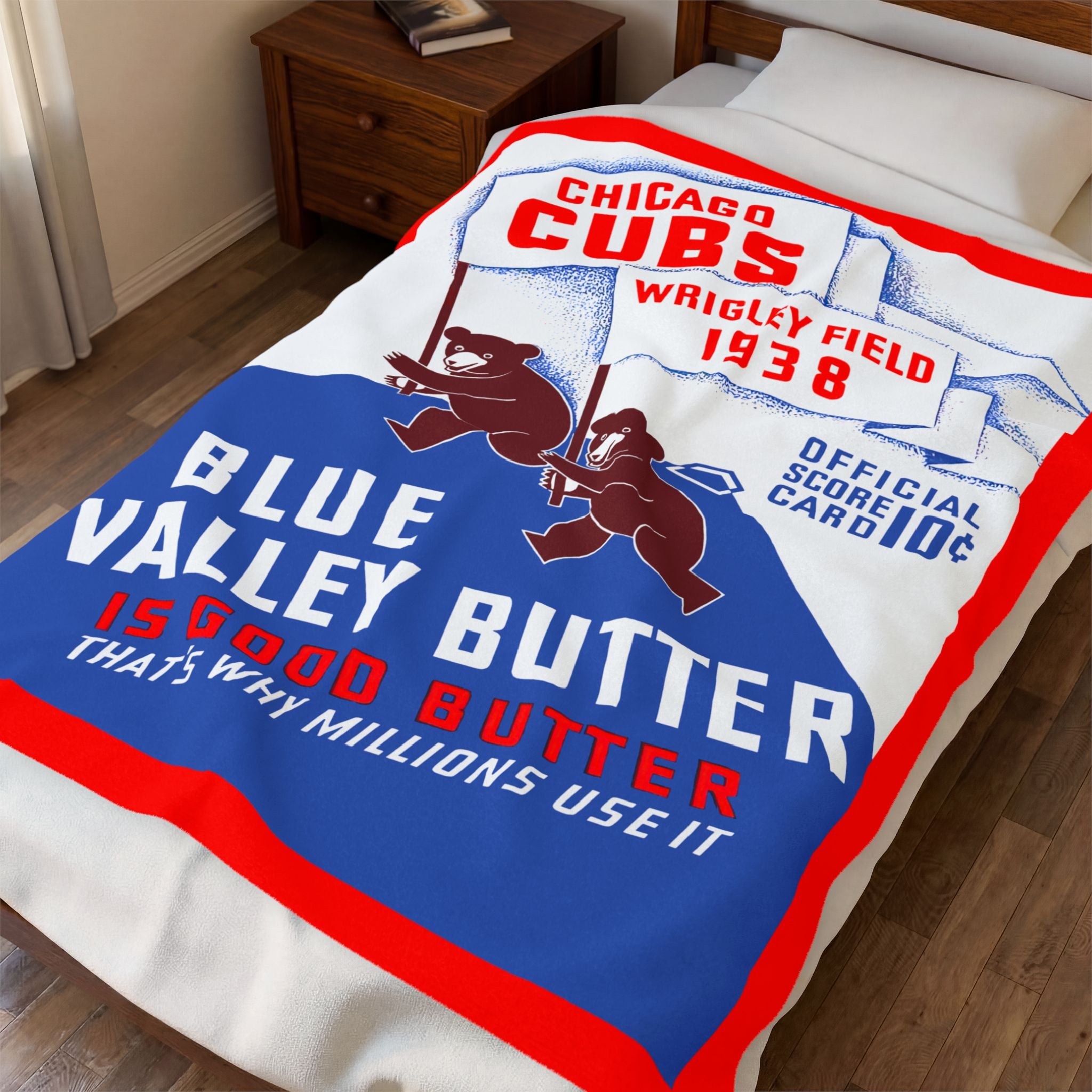 Chicago Cubs Retro Wrigley Field 1938 Velveteen Plush Blanket — 'Blue Valley Butter' Vintage Baseball Throw