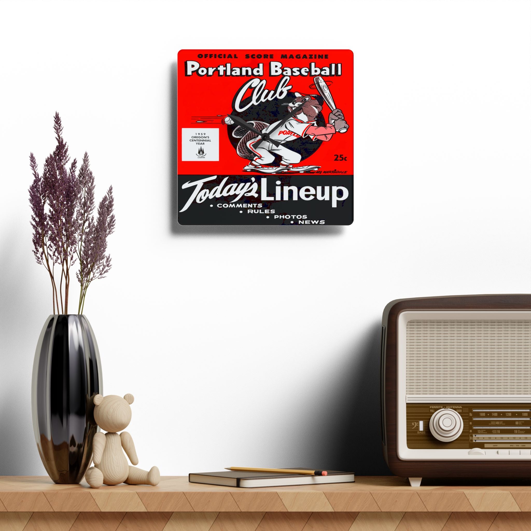 Vintage 1959 Baseball Portland Beavers Acrylic Wall Clock, Sports Team Memorabilia, Retro Home Decor, Gift for Baseball Fans, Office Wall