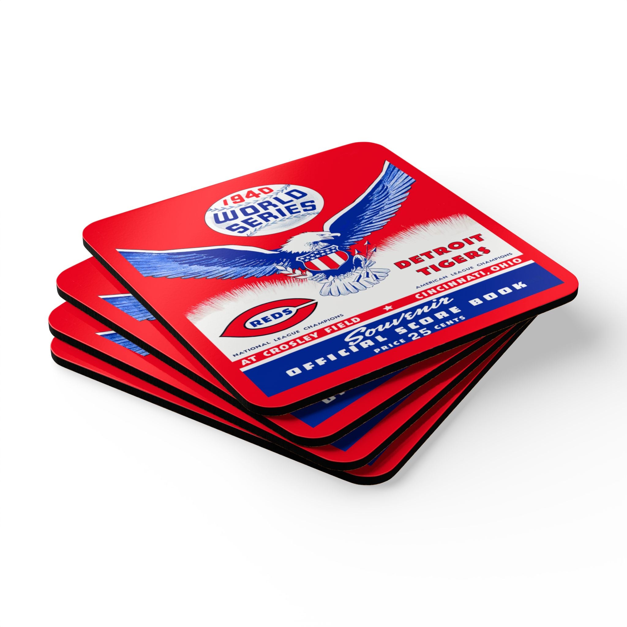 1940 Vintage Detroit Tigers - Cincinnati Reds Baseball World Series Program Cover - Corkwood Coaster Set