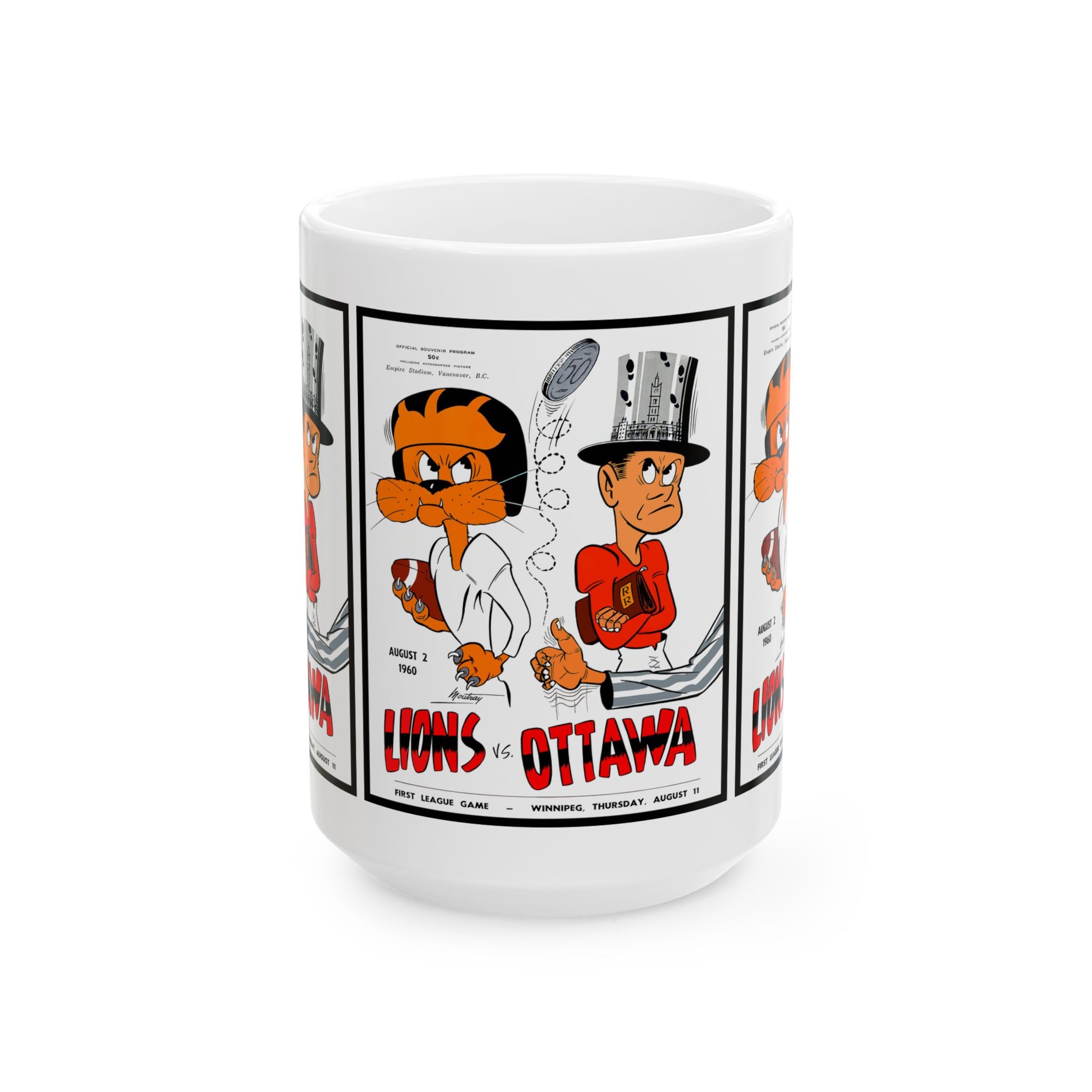 Vintage 1960 Football Ottawa Rough Riders vs BC Lions Ceramic Mug, Sports Fan Gift, Retro Style Cup, Football Game Memorabilia, CFL Matchup,
