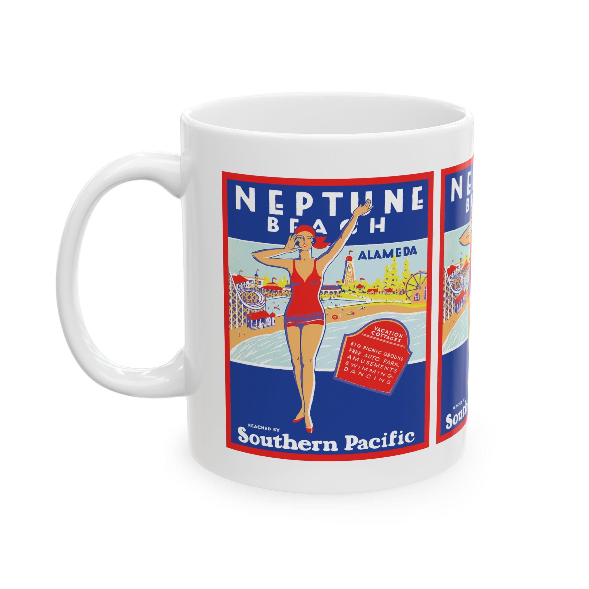 Vintage Alameda Neptune Beach Southern Pacific Poster Ceramic Mug, Gift for History Buff, Retro Coffee Cup, Coastal Kitchen Decor,