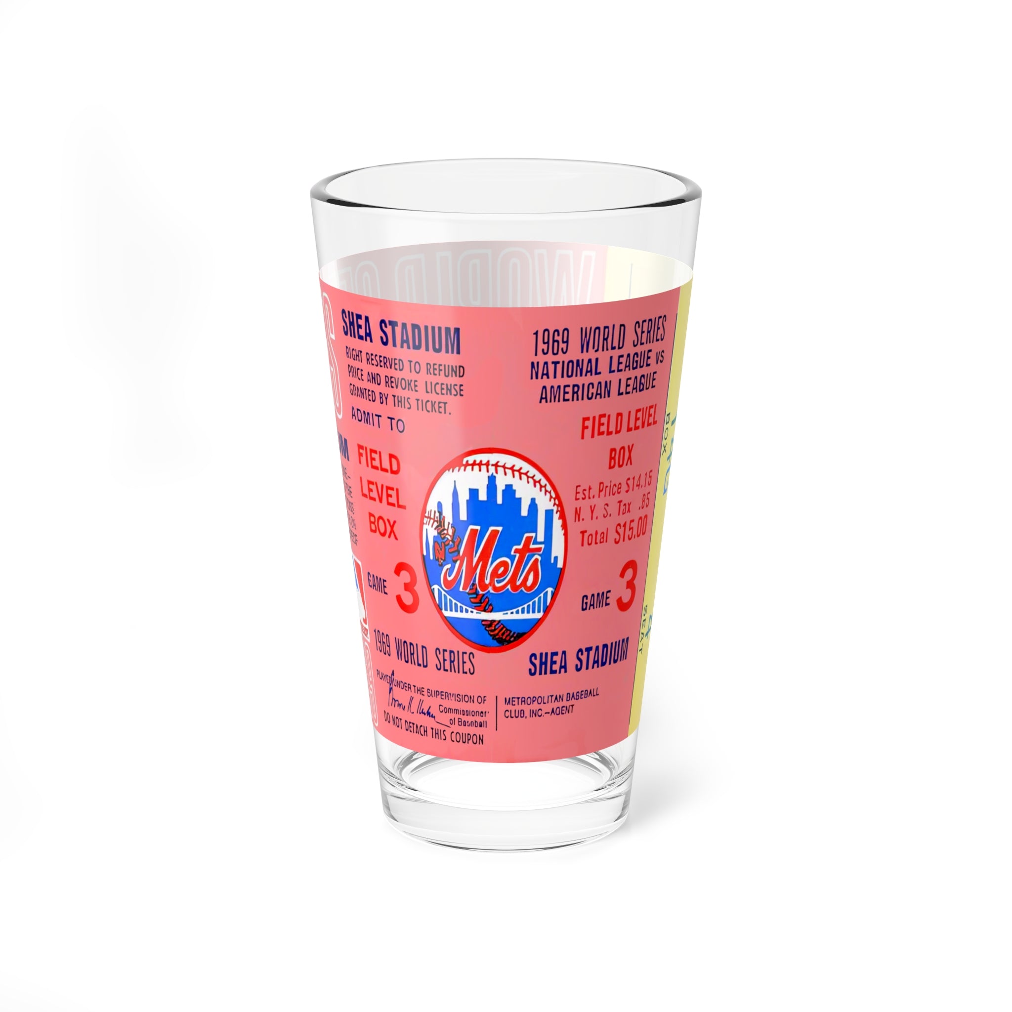 Mixing Glass, 16oz - 1969 Baseball World Series Ticket - New York Mets - Game 3 Shea Stadium, Vintage Sports Barware, Collectible Glassware,