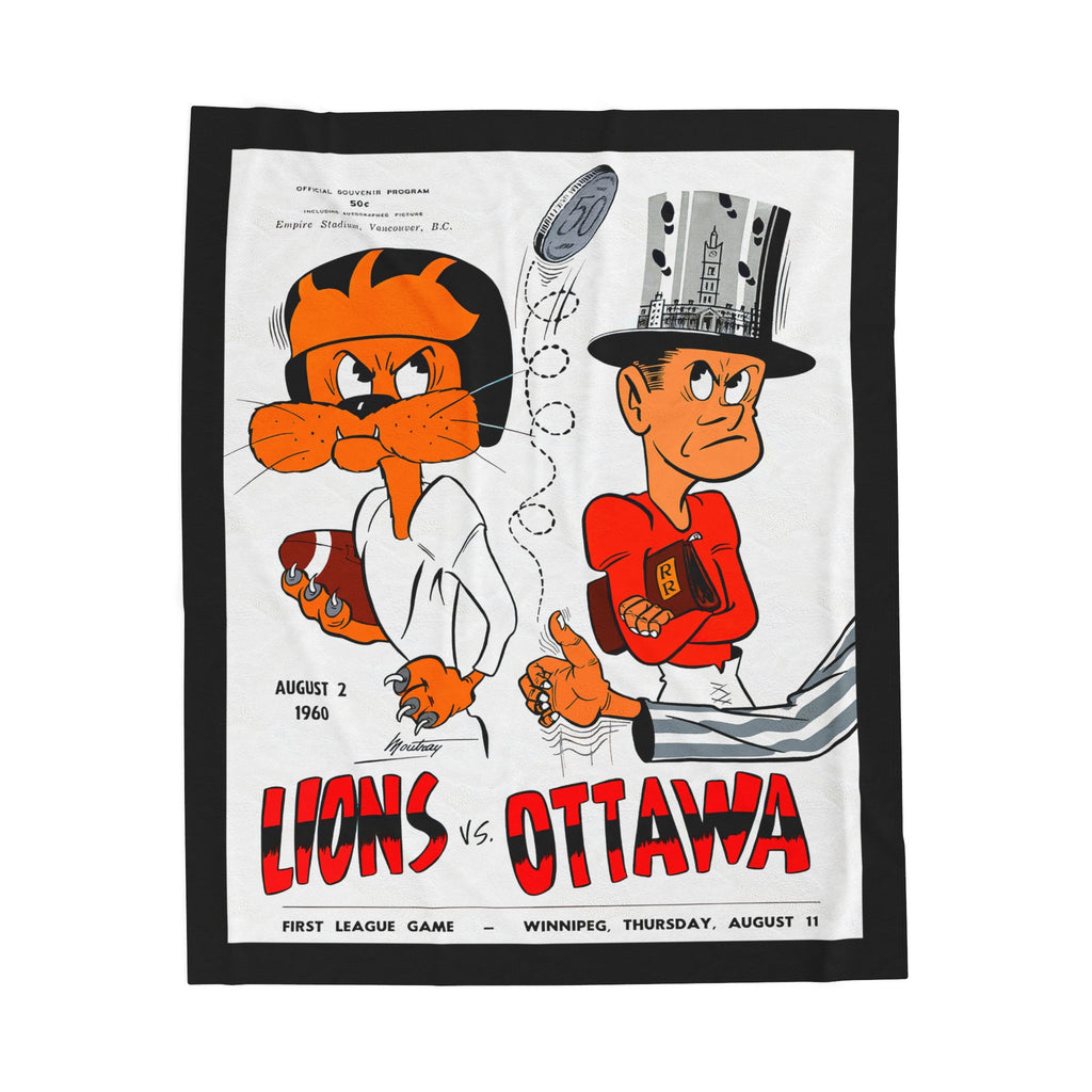 Velveteen Plush Blanket, 1960 CFL Football Ottawa Rough Riders - BC Lions, Vintage Sports Throw, Retro Football Bedding, Cozy Fleece