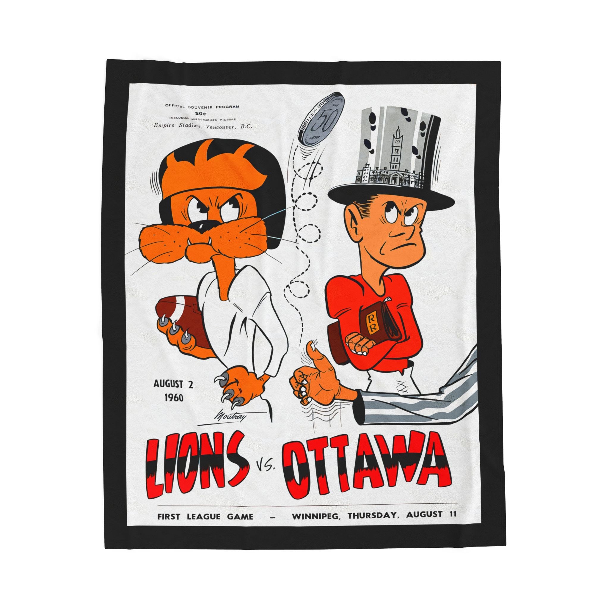 Velveteen Plush Blanket, 1960 CFL Football Ottawa Rough Riders - BC Lions, Vintage Sports Throw, Retro Football Bedding, Cozy Fleece