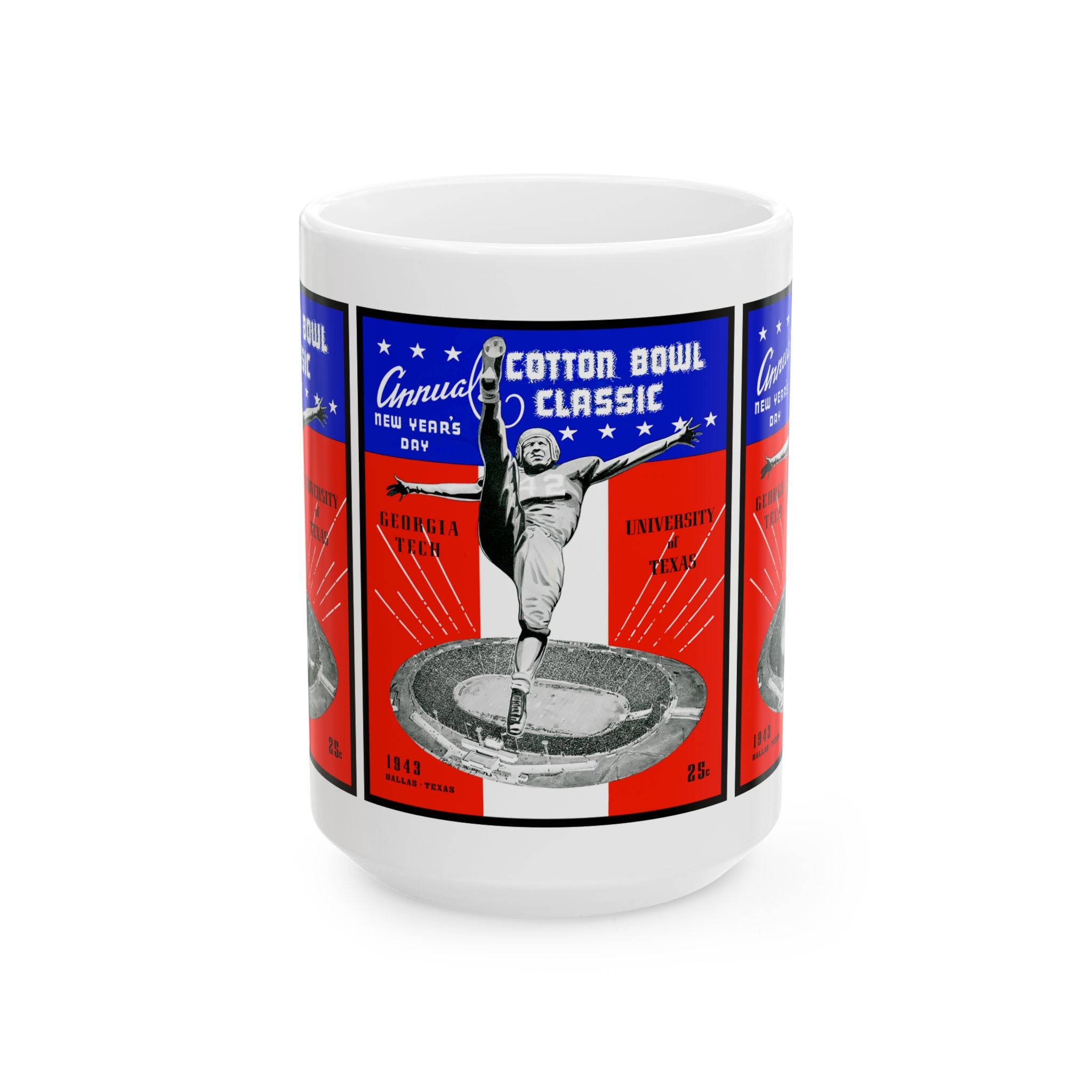 1943 Cotton Bowl Ceramic Mug — Texas vs. Georgia Tech Football Collector 11oz and 15oz