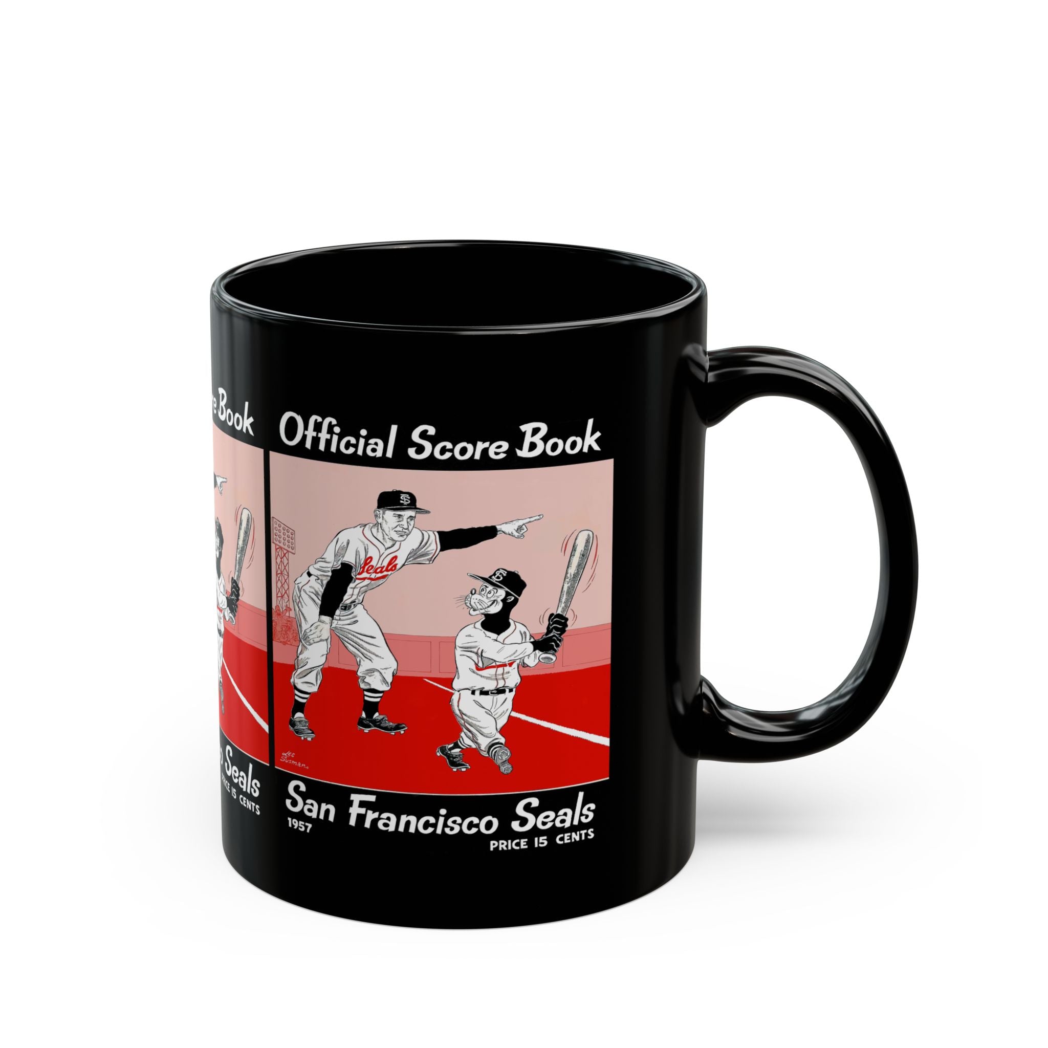 1957 Vintage San Francisco Seals Baseball Scorebook Cover- Black Mug 11 oz