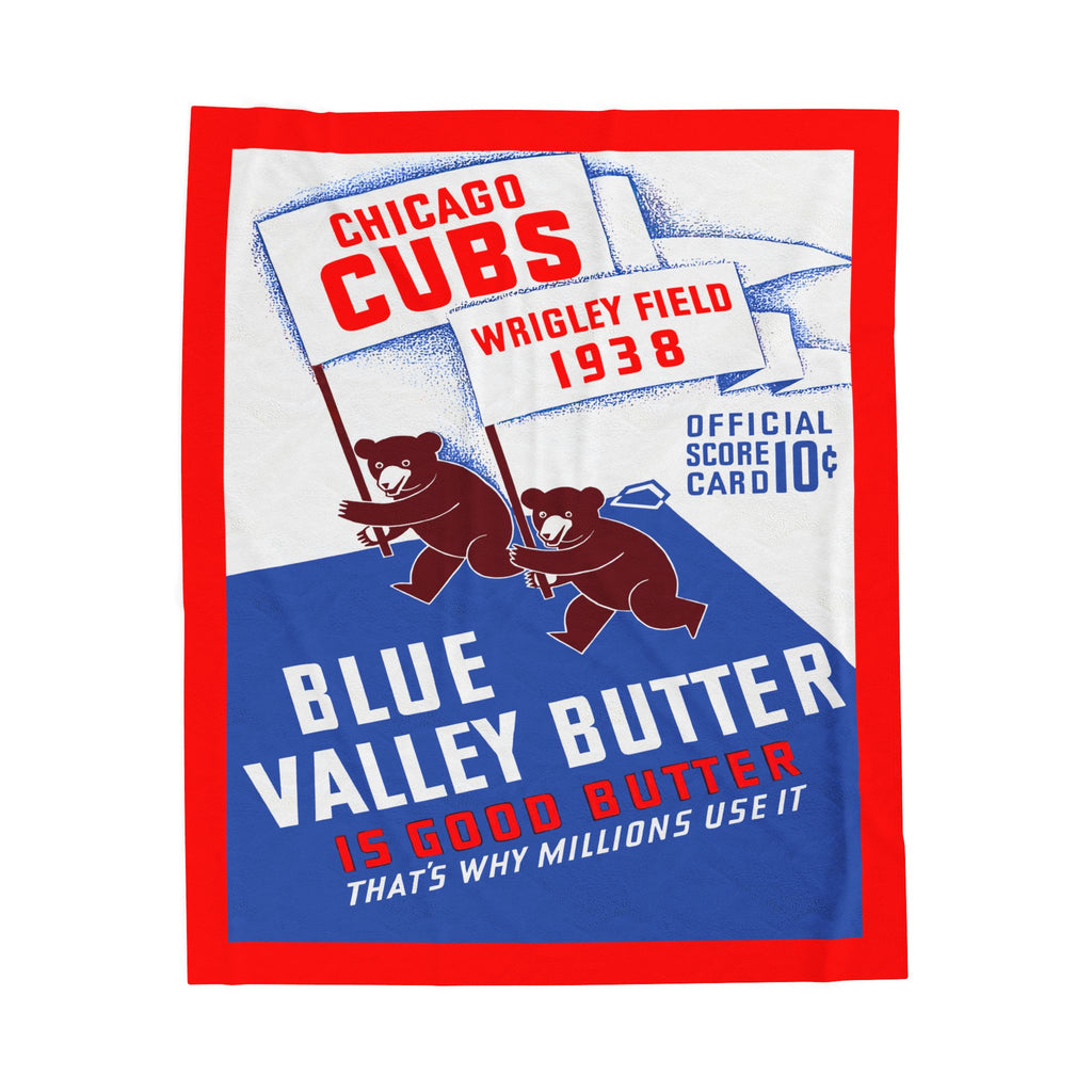Chicago Cubs Retro Wrigley Field 1938 Velveteen Plush Blanket — 'Blue Valley Butter' Vintage Baseball Throw