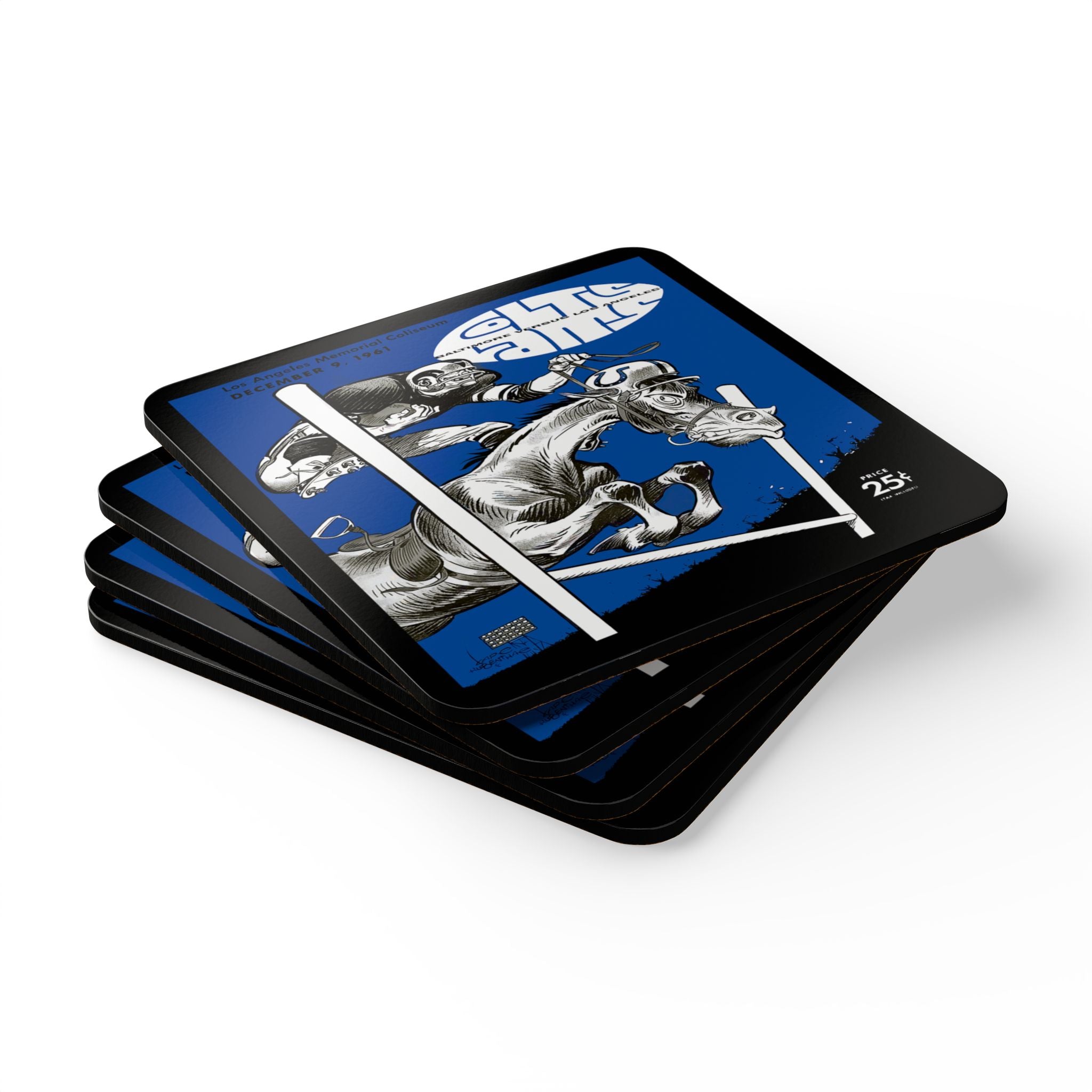 1961 Vintage Baltimore Colts - Los Angeles Rams Football Program Cover - Corkwood Coaster Set