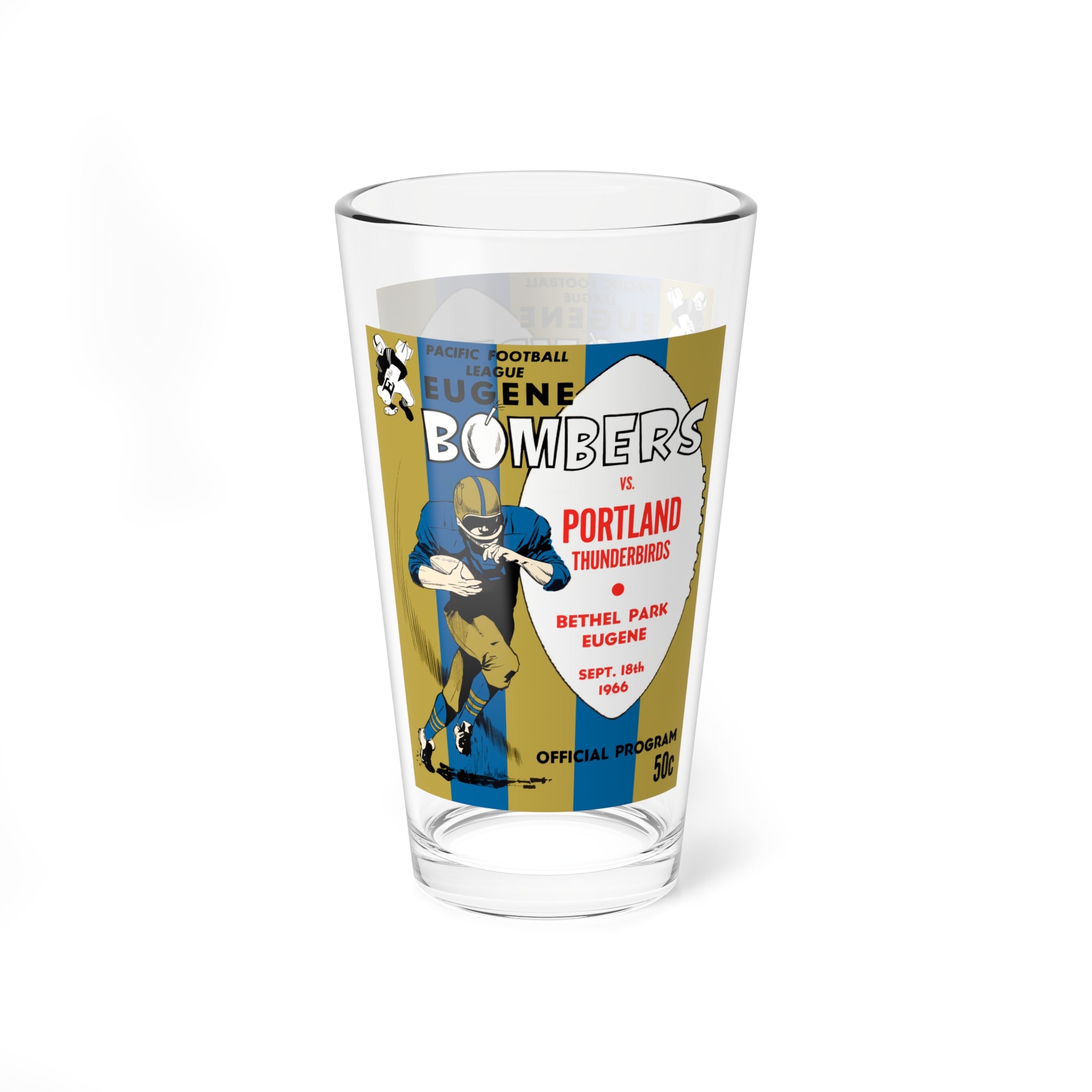 Mixing Glass, 16oz - 1966 Football Eugene Bombers-Portland Thunderbirds, Vintage Sports Barware, Gift for Sports Fans, Retro Football Decor,