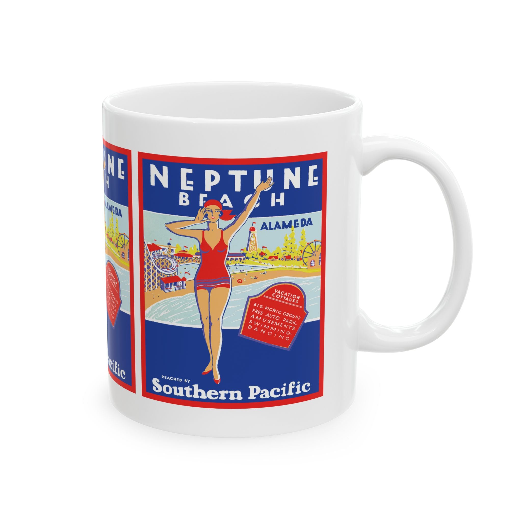 Vintage Alameda Neptune Beach Southern Pacific Poster Ceramic Mug, Gift for History Buff, Retro Coffee Cup, Coastal Kitchen Decor,