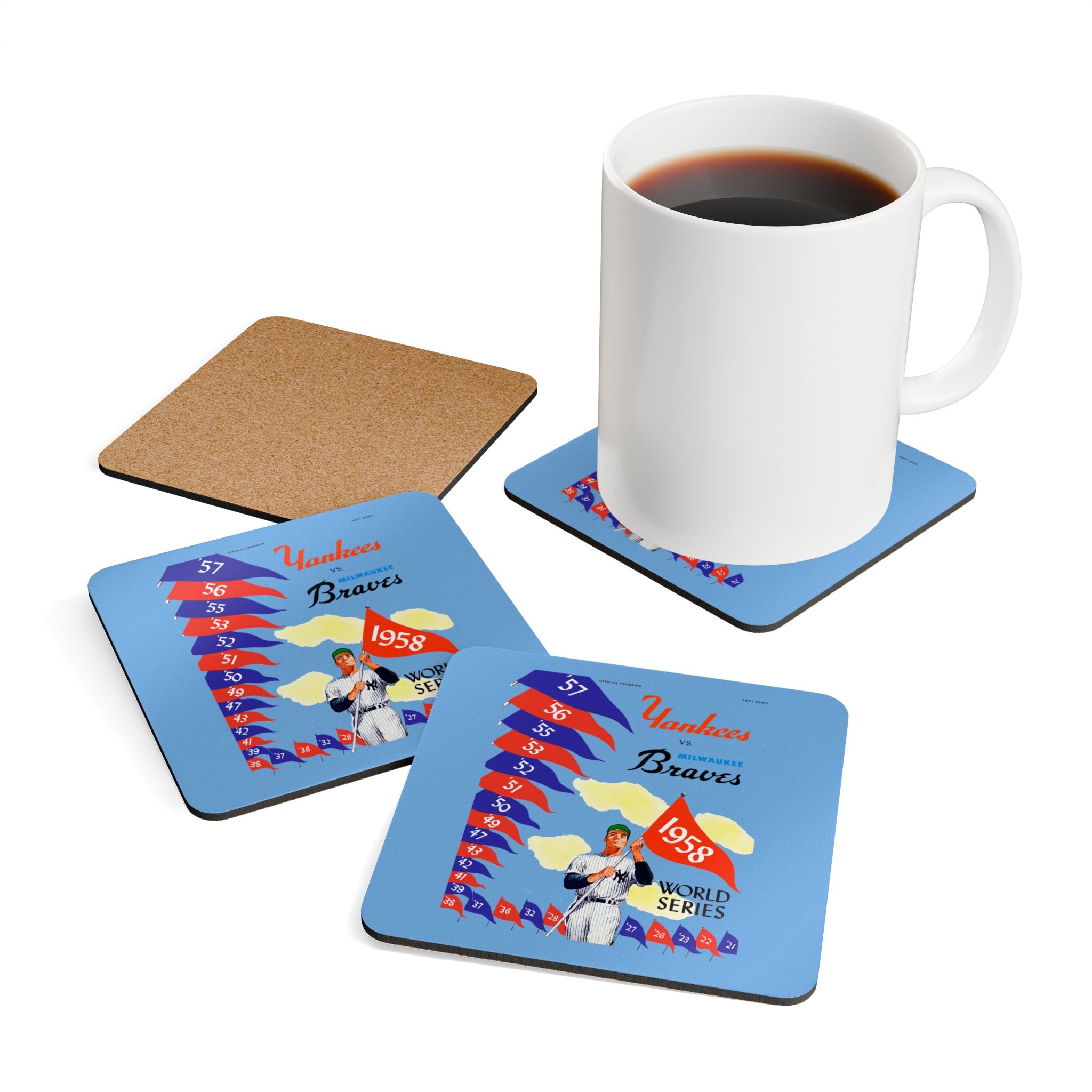 1958 Vintage Milwaukee Braves - New York Yankees World Series Program Cover - Corkwood Coaster Set