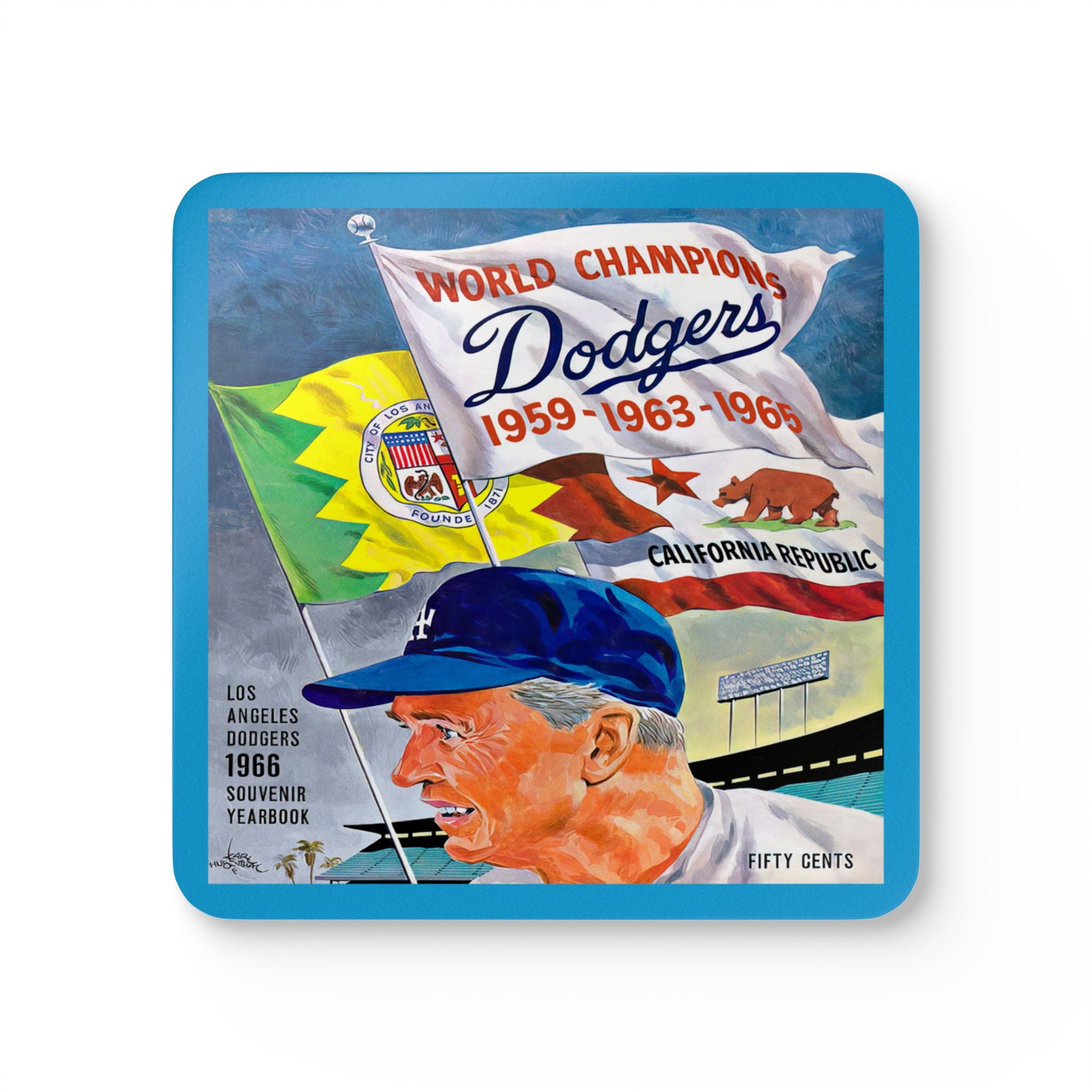 1966 Vintage Los Angeles Dodgers Baseball Yearbook Cover - Walter Alston - Corkwood Coaster Set