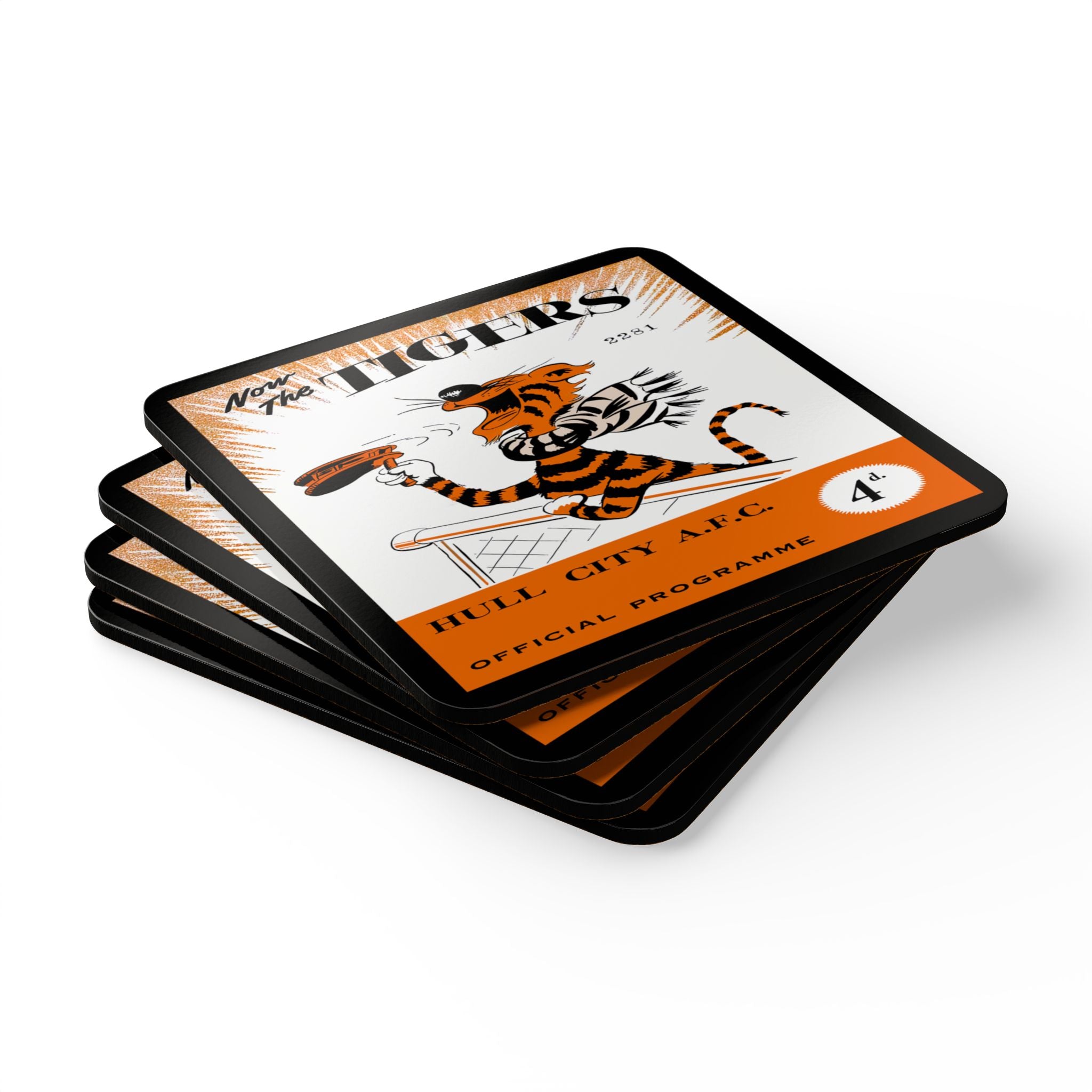 1956 Vintage Hull City Football Club - English Football Program Cover - Corkwood Coaster Set