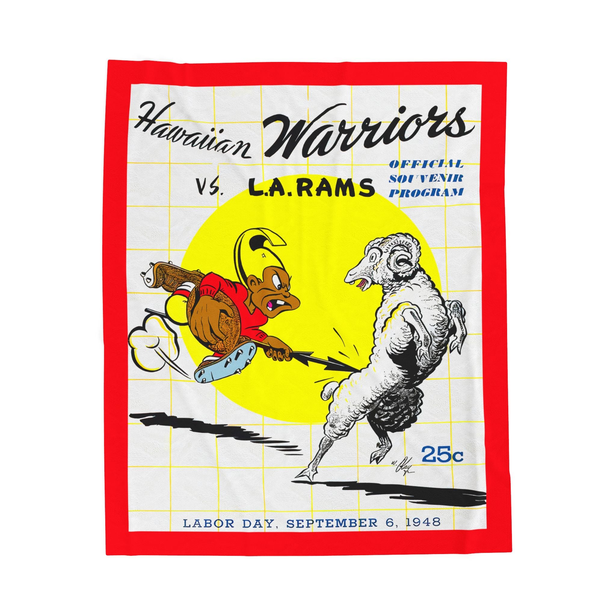 Velveteen Plush Blanket, 1948 Vintage Los Angeles Rams - Hawaiian Warriors Football Program Cover, Cozy Throw, Retro Sports Decor, Warm