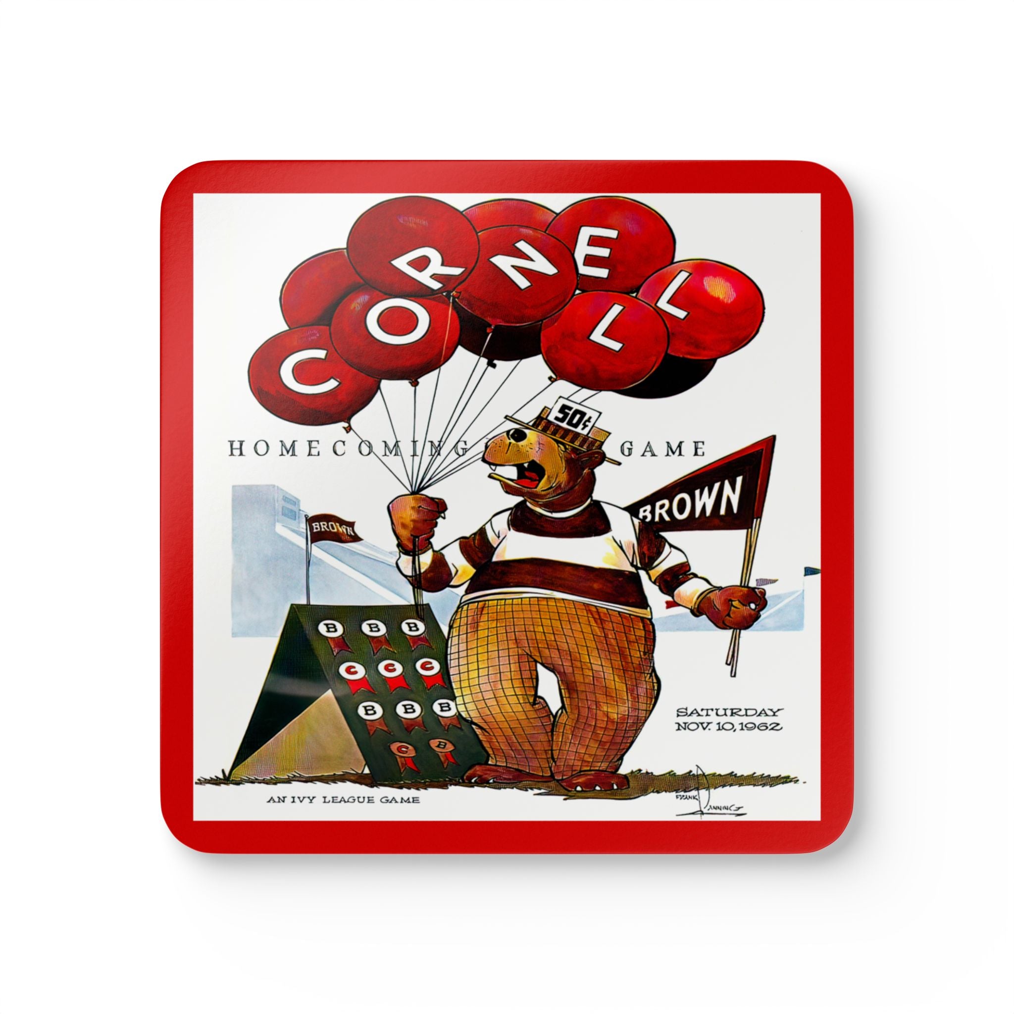 1962 Vintage Brown - Cornell Football Program Cover  - Corkwood Coaster Set