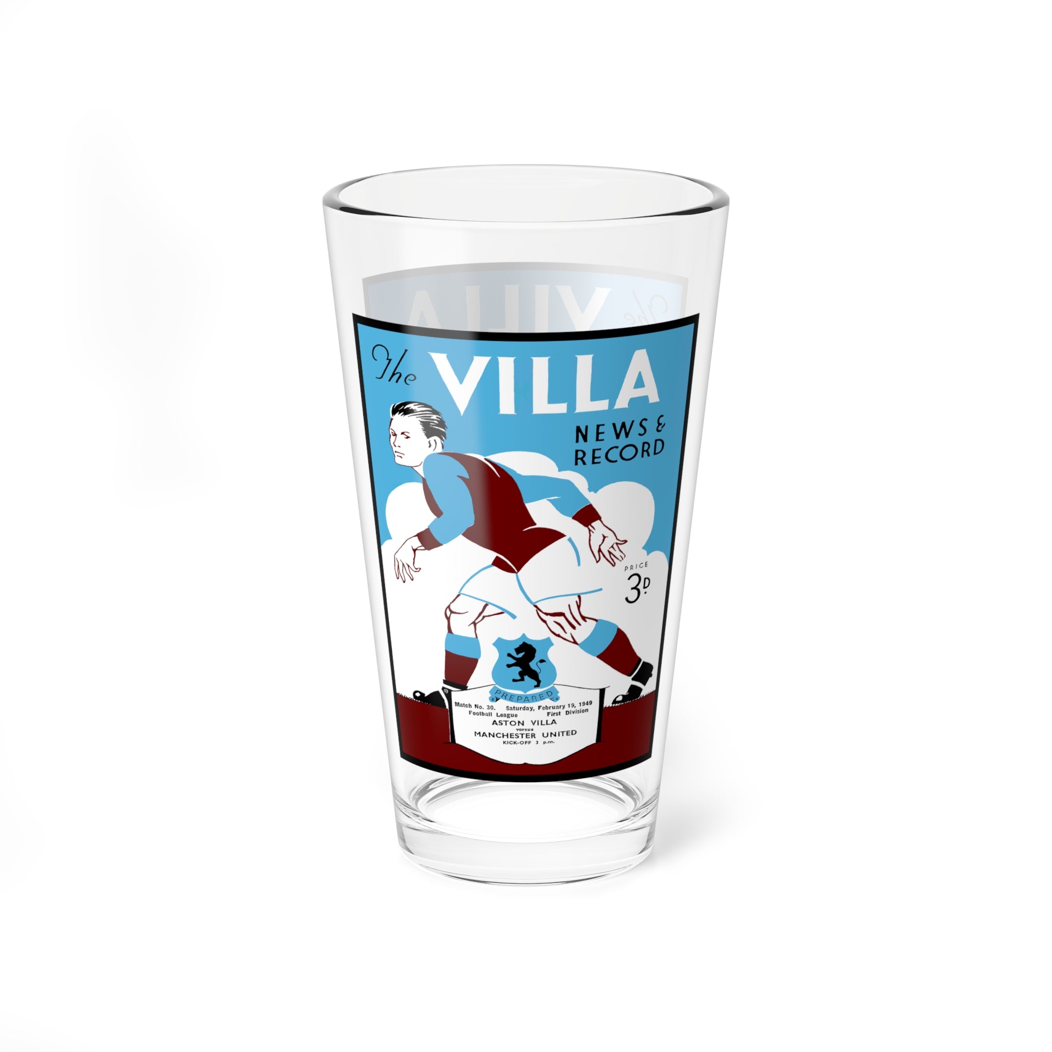Vintage Aston Villa - Manchester United Mixing Glass, 16oz, English Football Program Memorabilia, Barware Gift Idea, Soccer Fan Collectible,