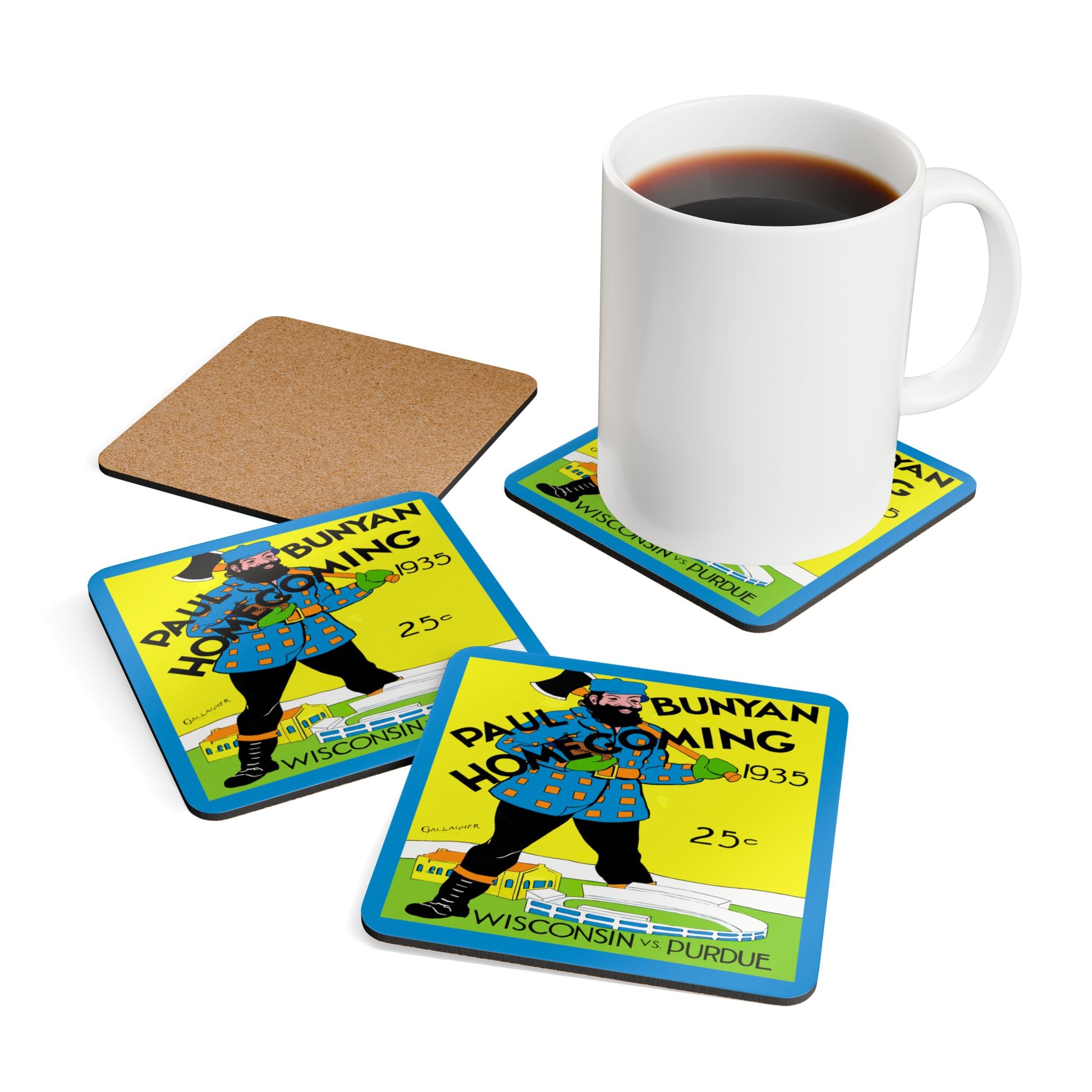 1935 Vintage Wisconsin Badgers - Purdue Boilermakers Football Program Cover - Corkwood Coaster Set