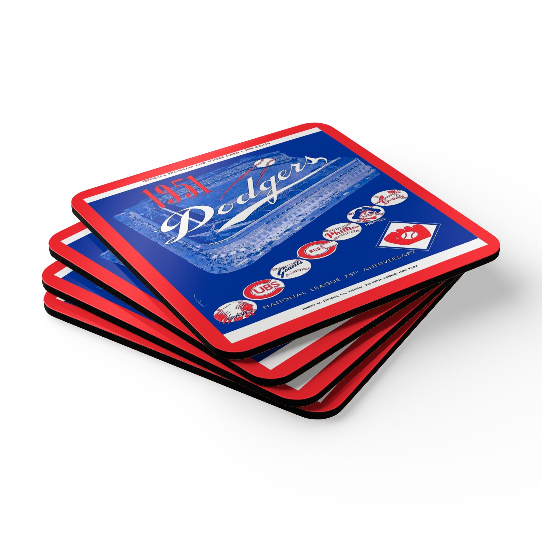 1951 Vintage Brooklyn Dodgers Baseball Program Cover - Corkwood Coaster Set