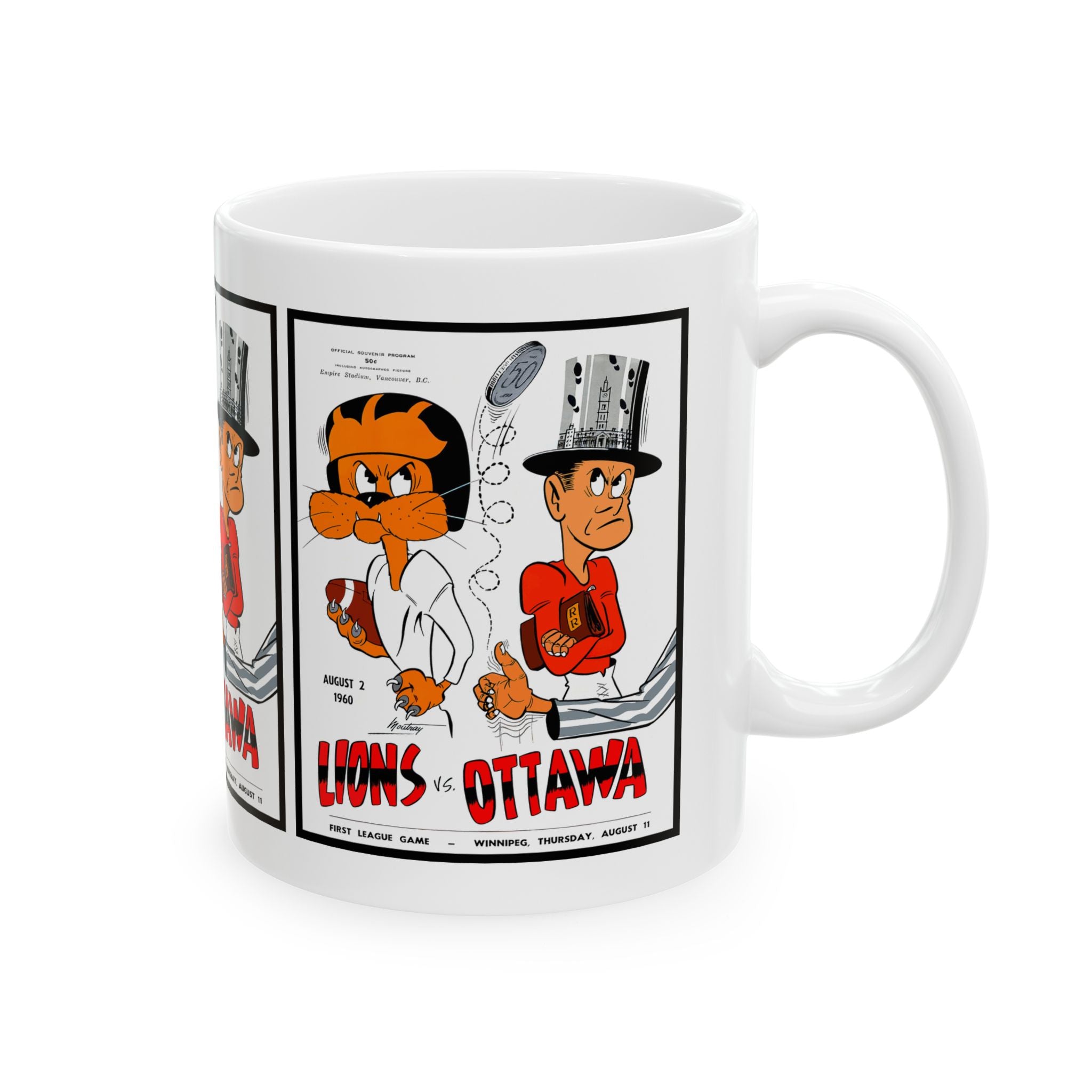 Vintage 1960 Football Ottawa Rough Riders vs BC Lions Ceramic Mug, Sports Fan Gift, Retro Style Cup, Football Game Memorabilia, CFL Matchup,
