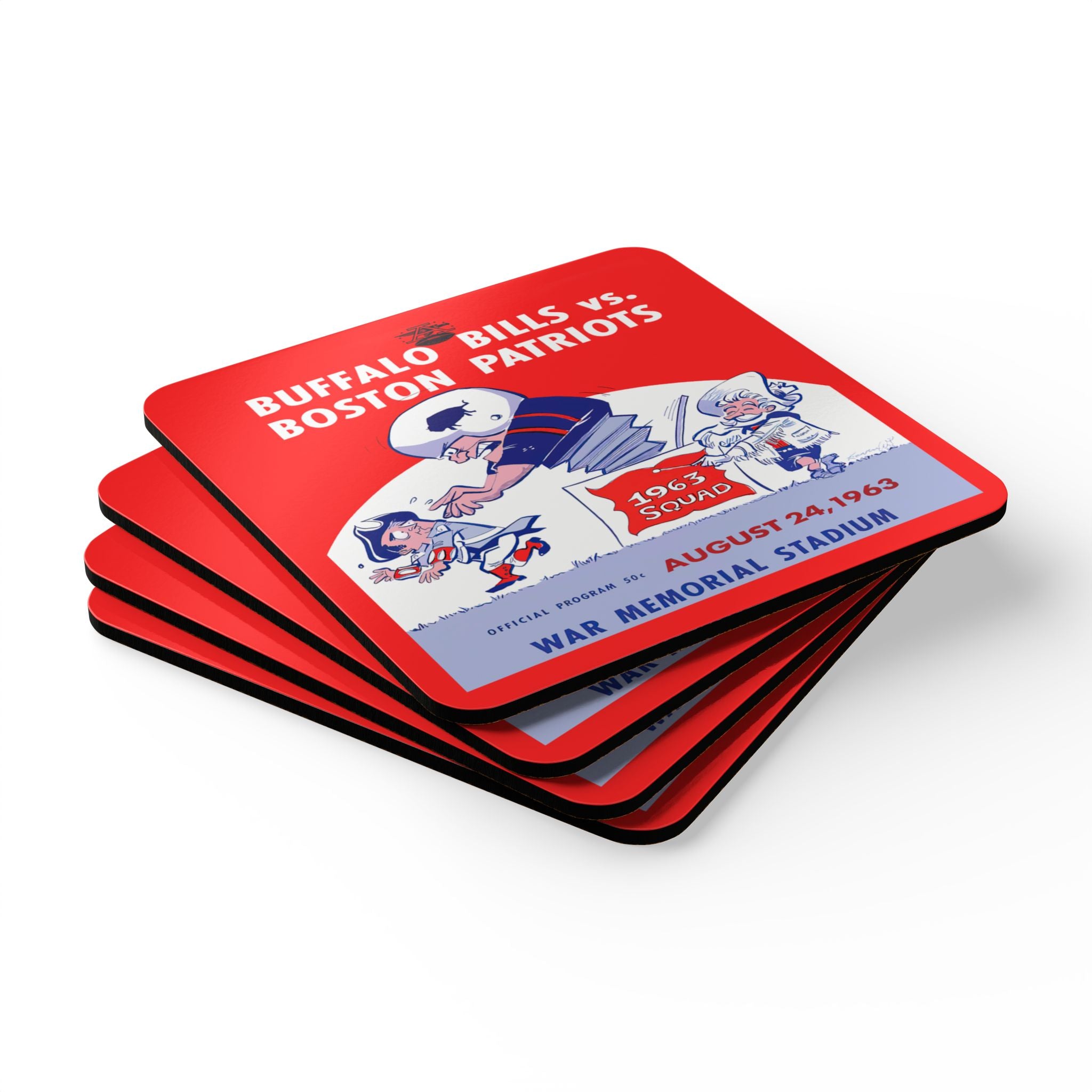 1963 Vintage Buffalo Bills - Boston Patriots Football Program Cover - Corkwood Coaster Set