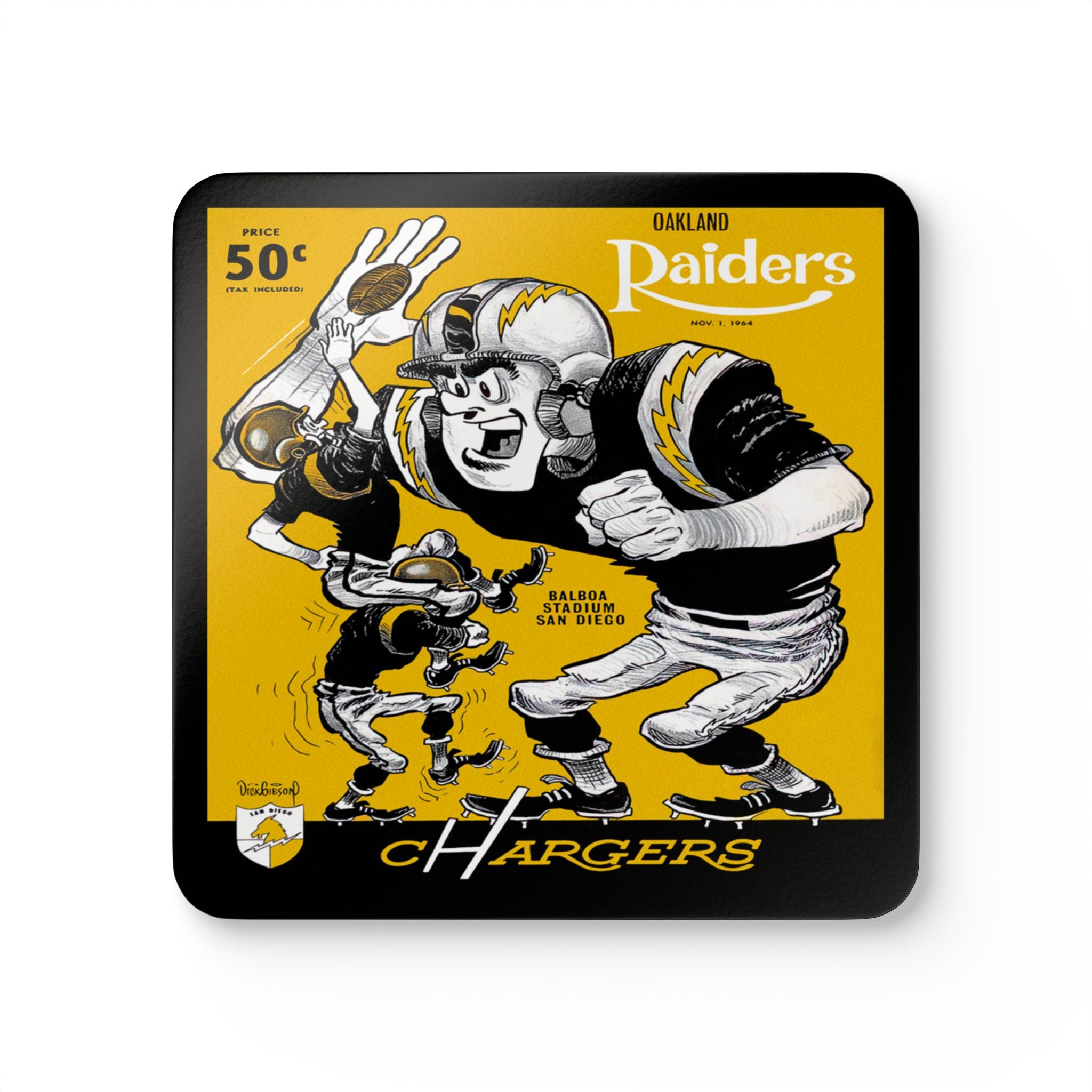 1964 Vintage San Diego Charges - Oakland Raiders Football Program Cover - Corkwood Coaster Set