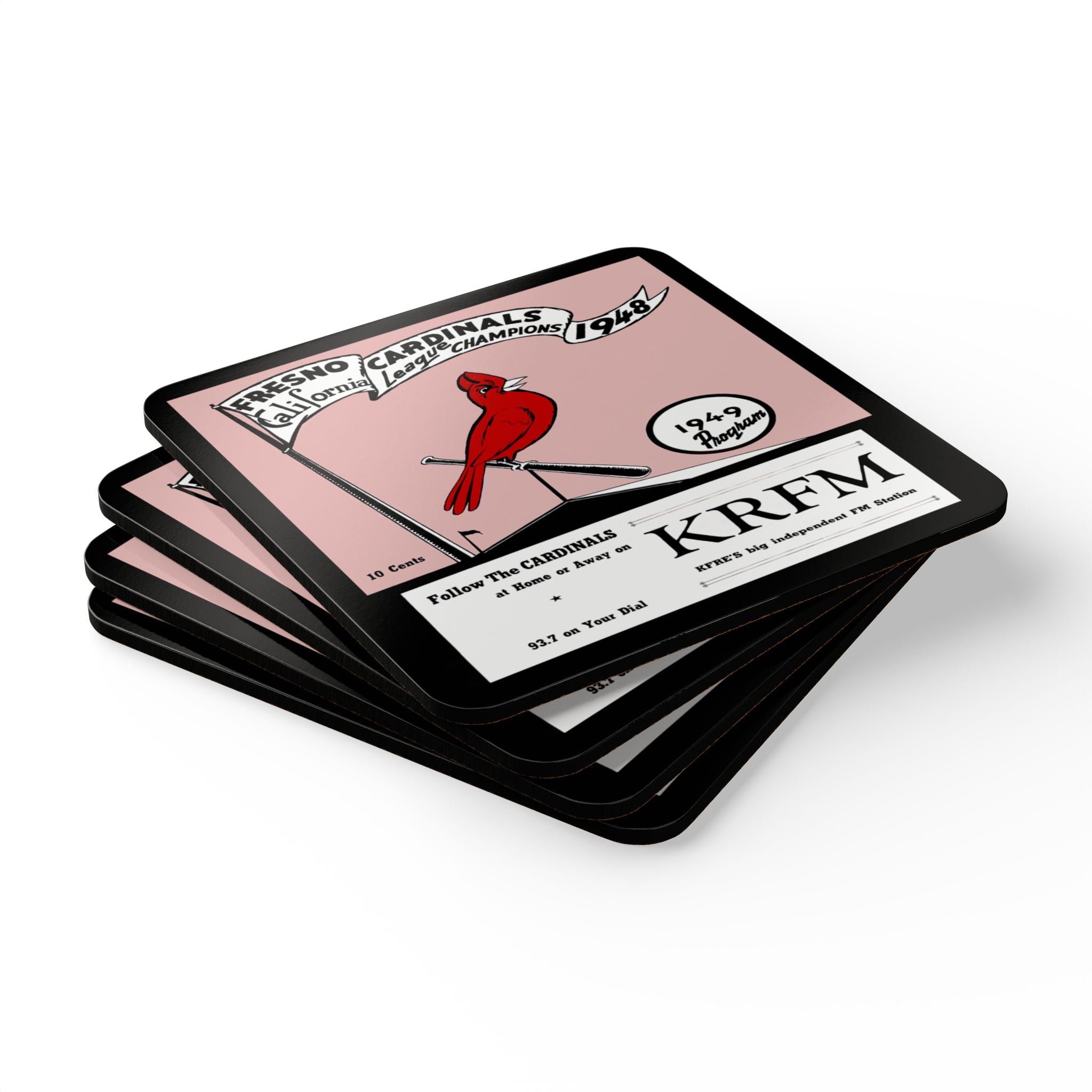 1949 Vintage Fresno Cardinals Baseball Program Cover - California League - Corkwood Coaster Set