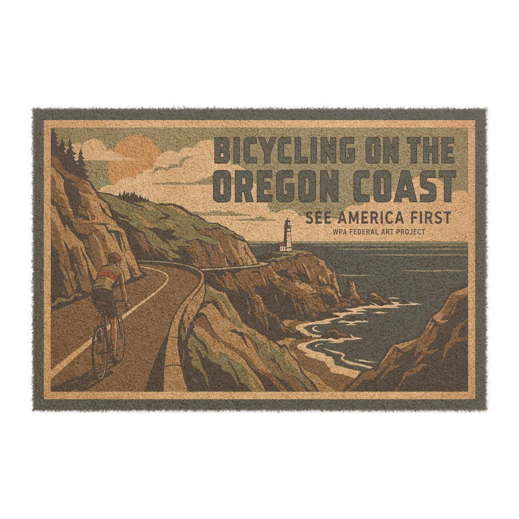 Oregon Coast WPA Style Bicycling Coir Doormat