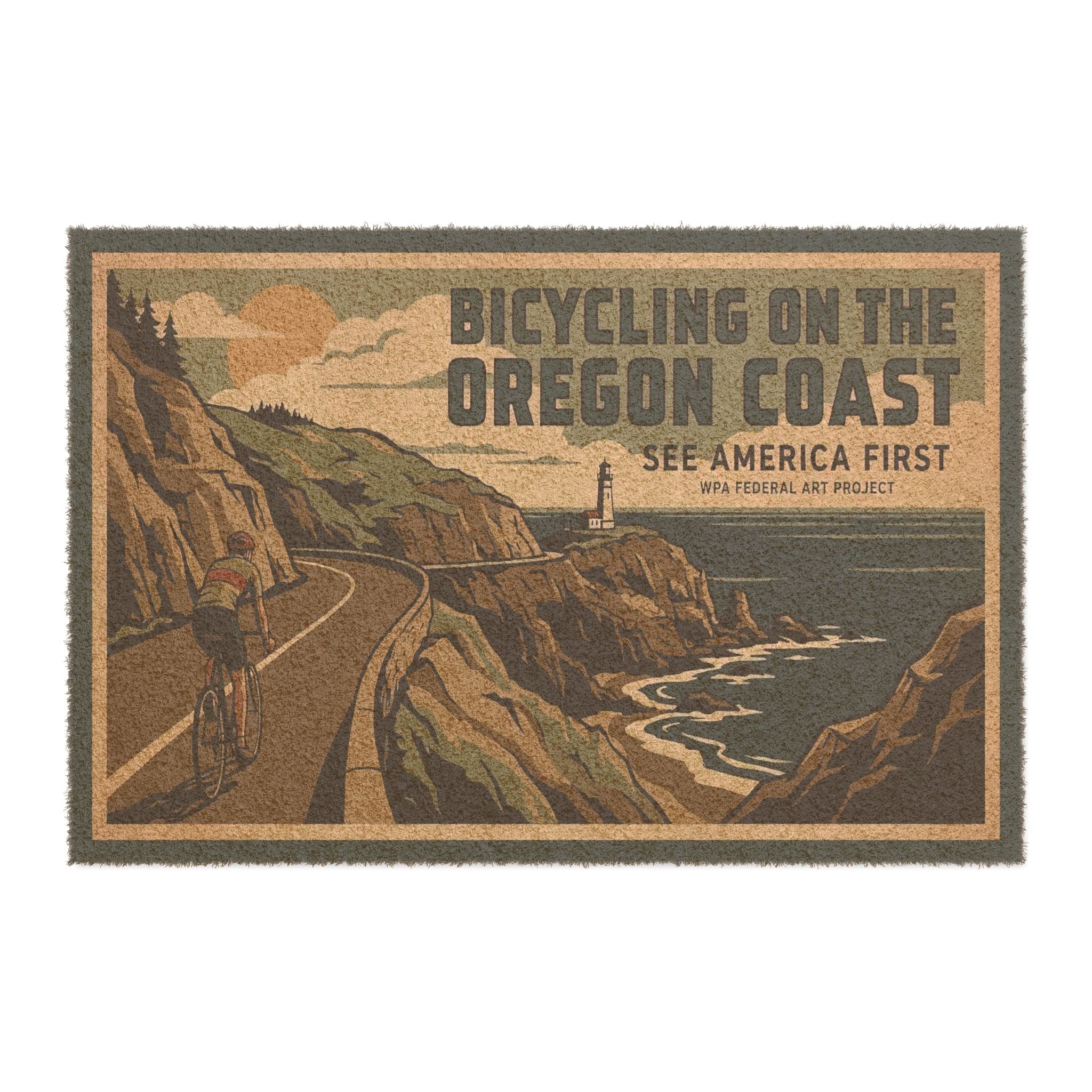 Oregon Coast WPA Style Bicycling Coir Doormat