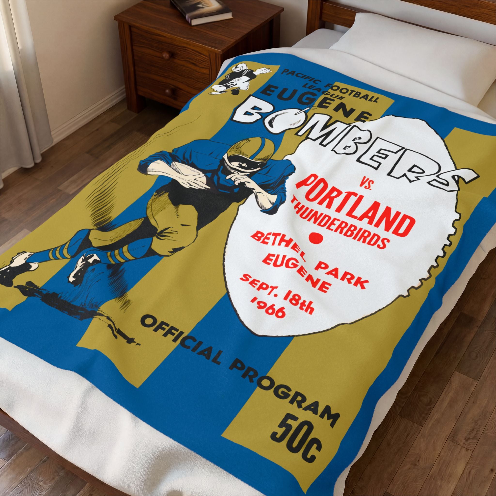 Velveteen Plush Blanket, 1966 Vintage Portland Thunderbirds - Eugene Bombers Football Program Cover, Throw Blanket, Home Decor, Gift Idea,